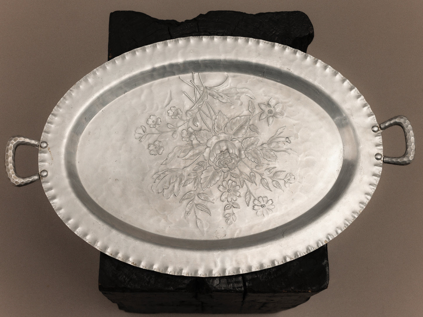 Vintage Silver Tray With Floral Etched Motif