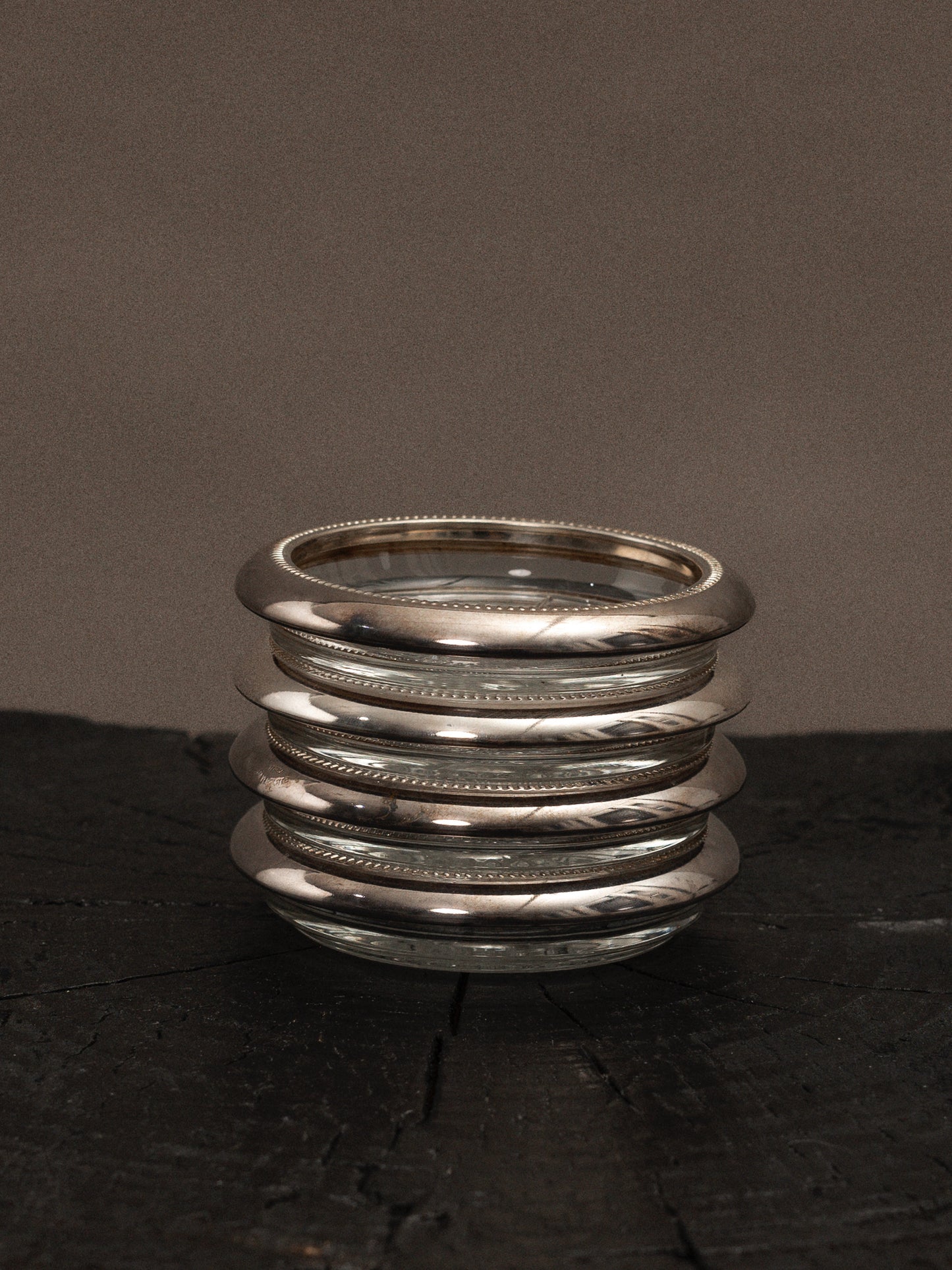 Set of 4 Glass Art Deco Etched Glass Silver Coasters