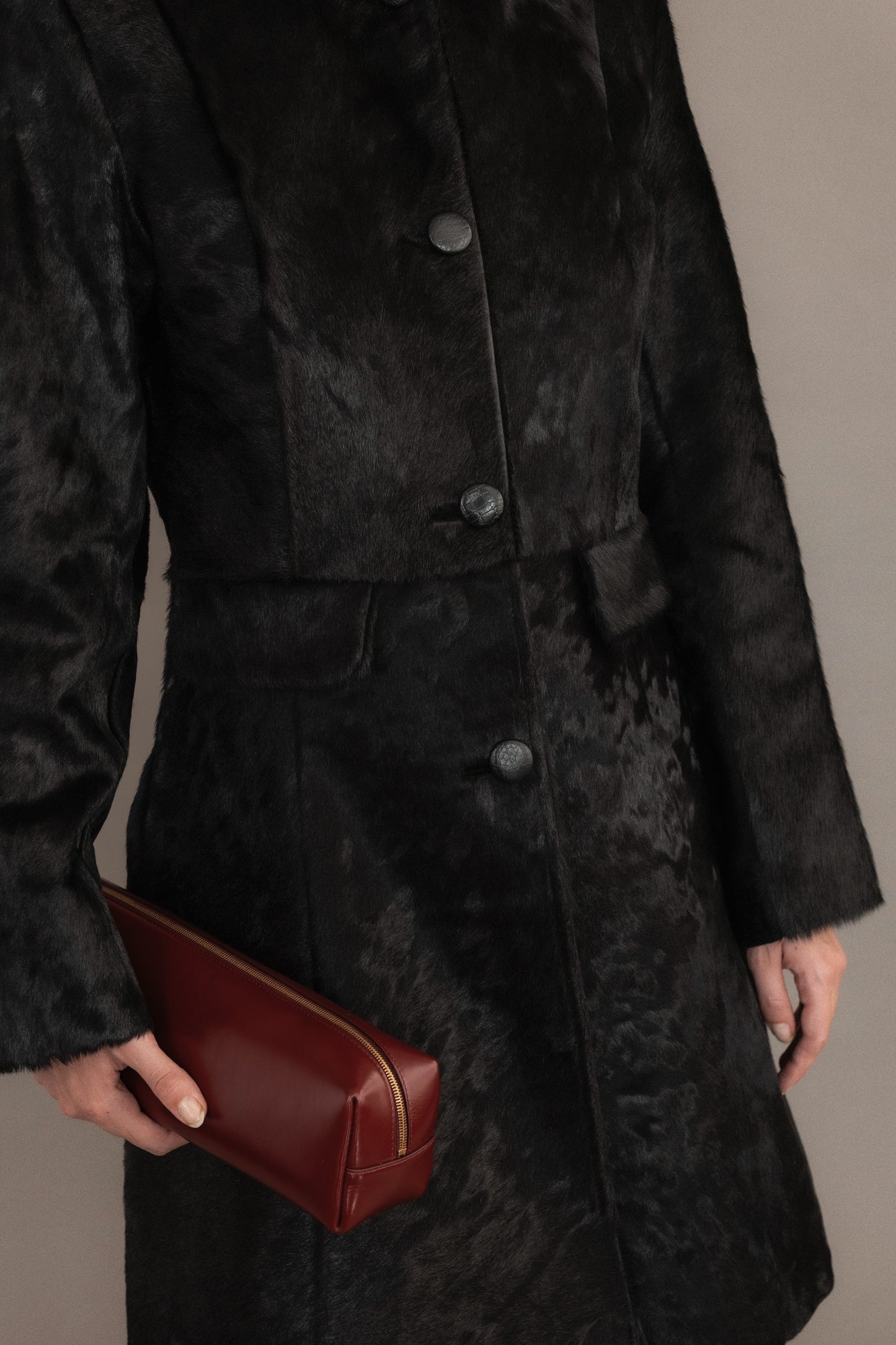 Black Ponyhair Peacoat With Croc-Embossed Buttons