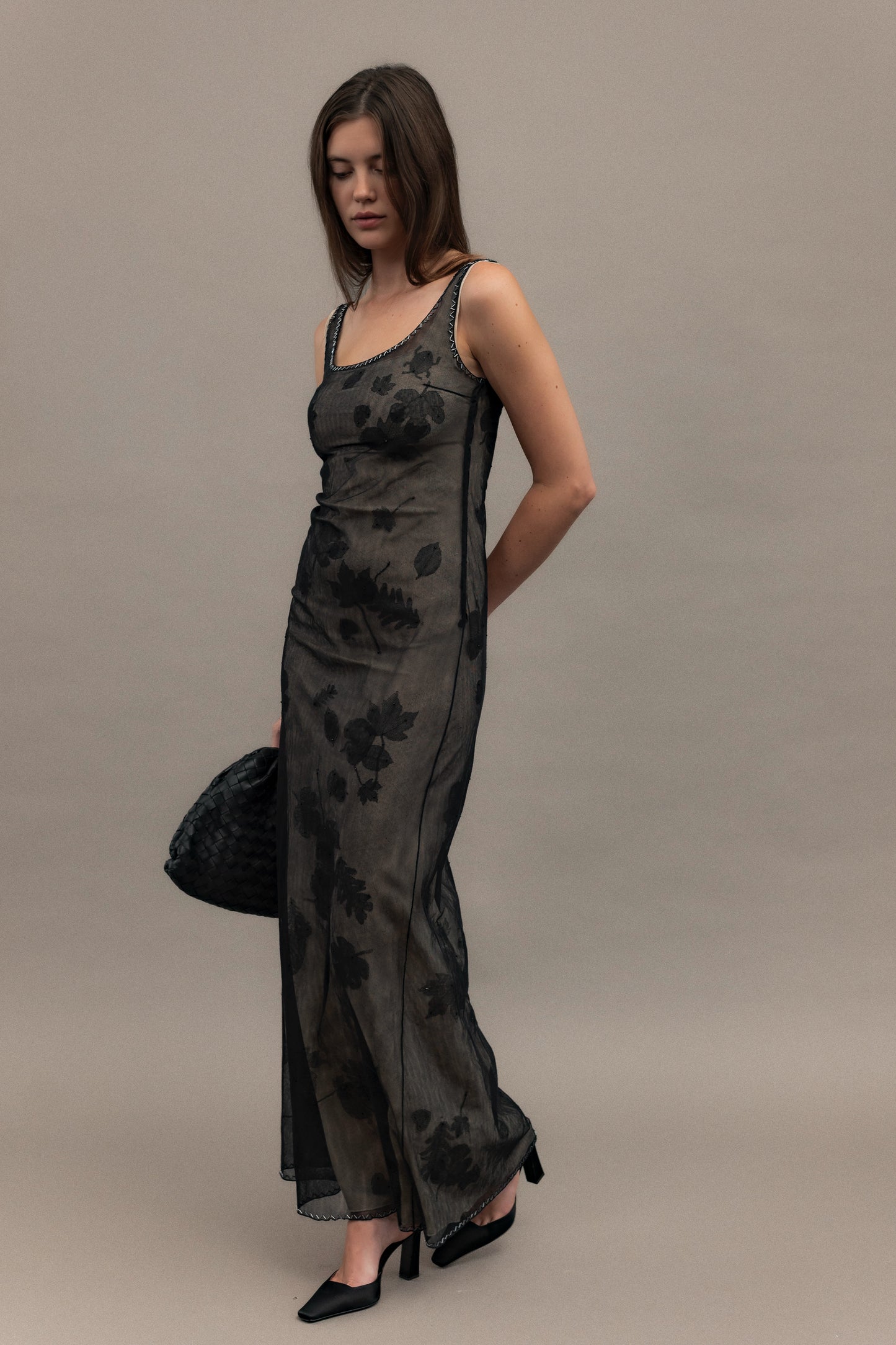 Prada 1999 Vintage Delicate Mesh Leaf Embellished Print Gown