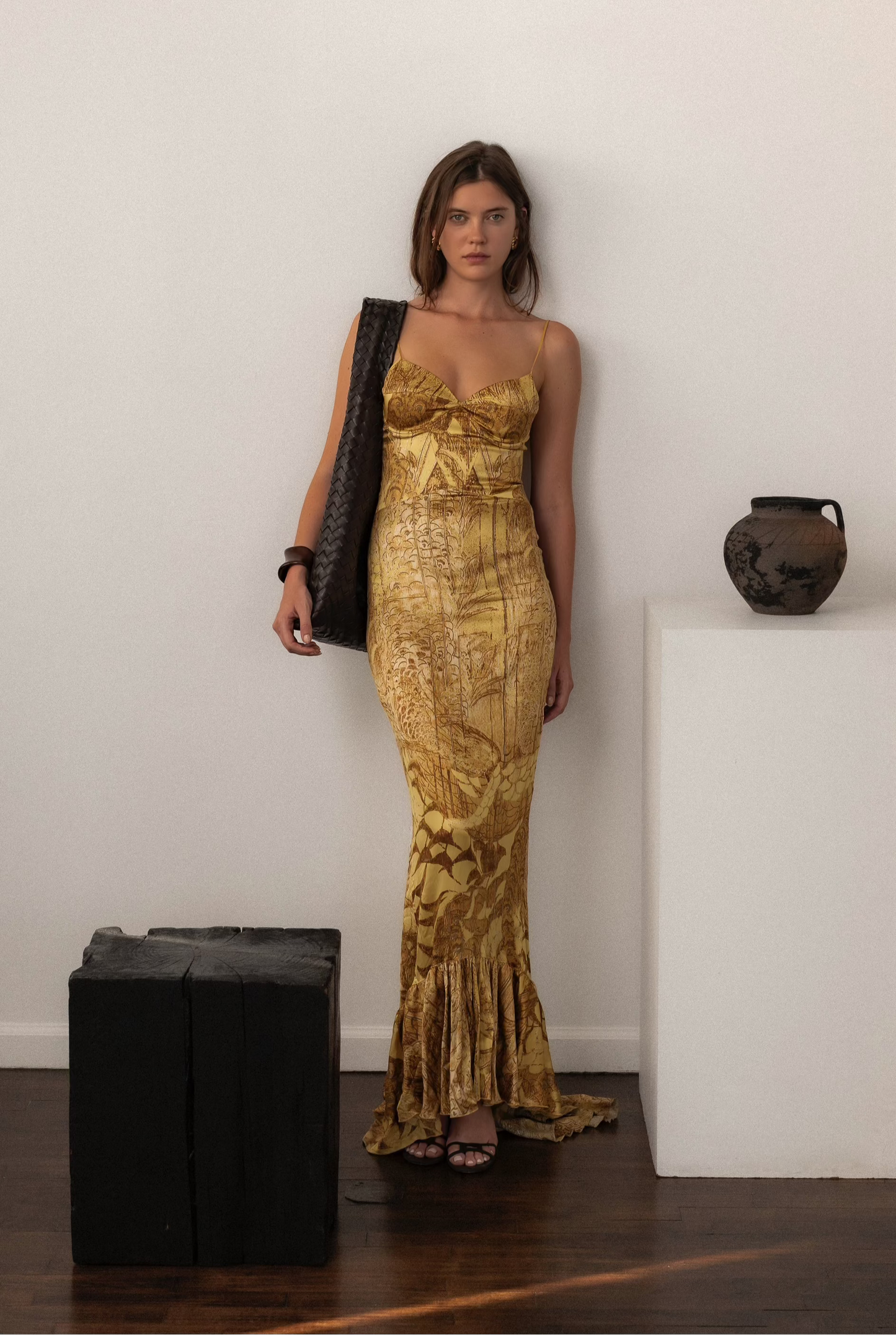 Just Cavalli Yellow and Brown Floral Gown