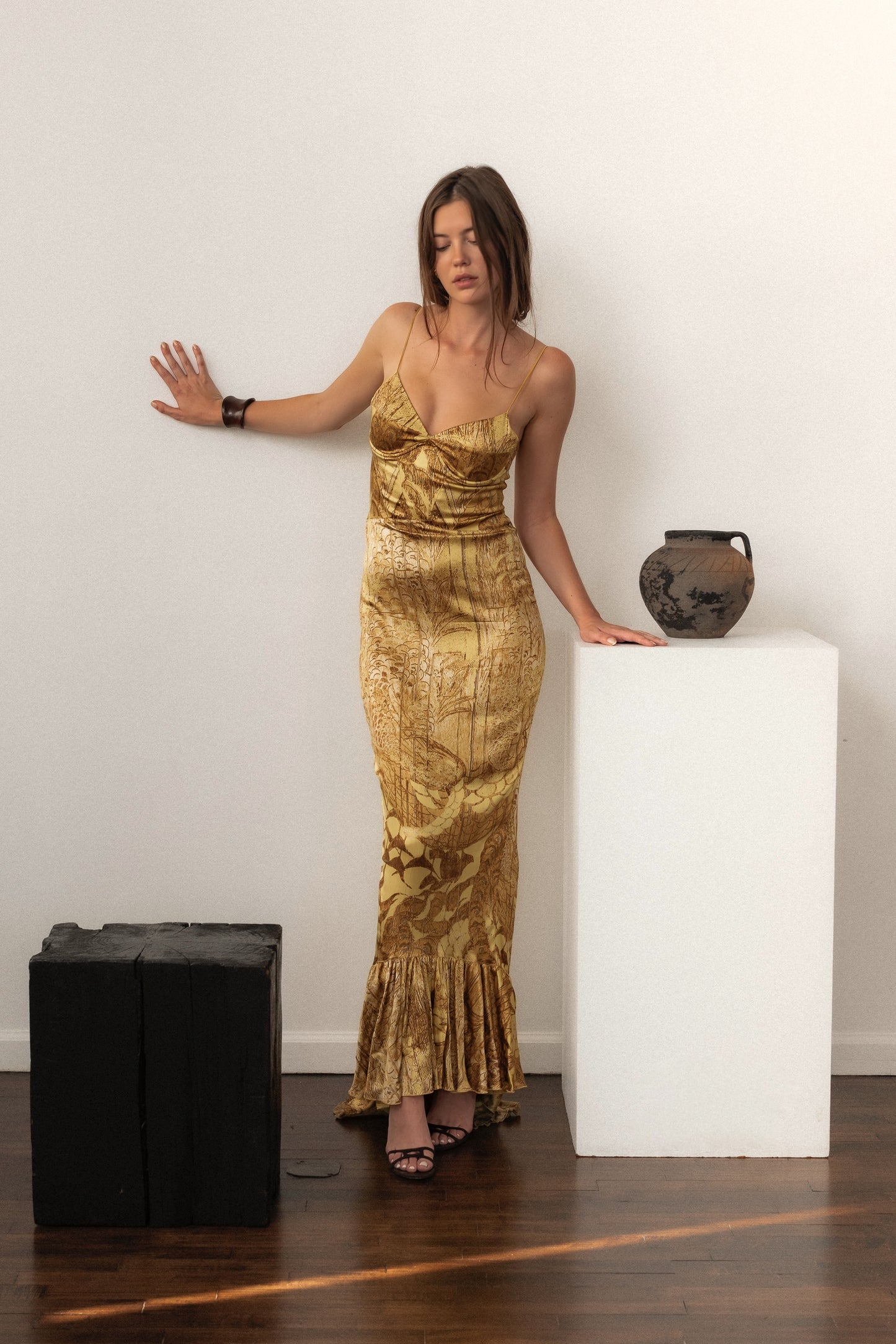 Just Cavalli Yellow and Brown Floral Gown