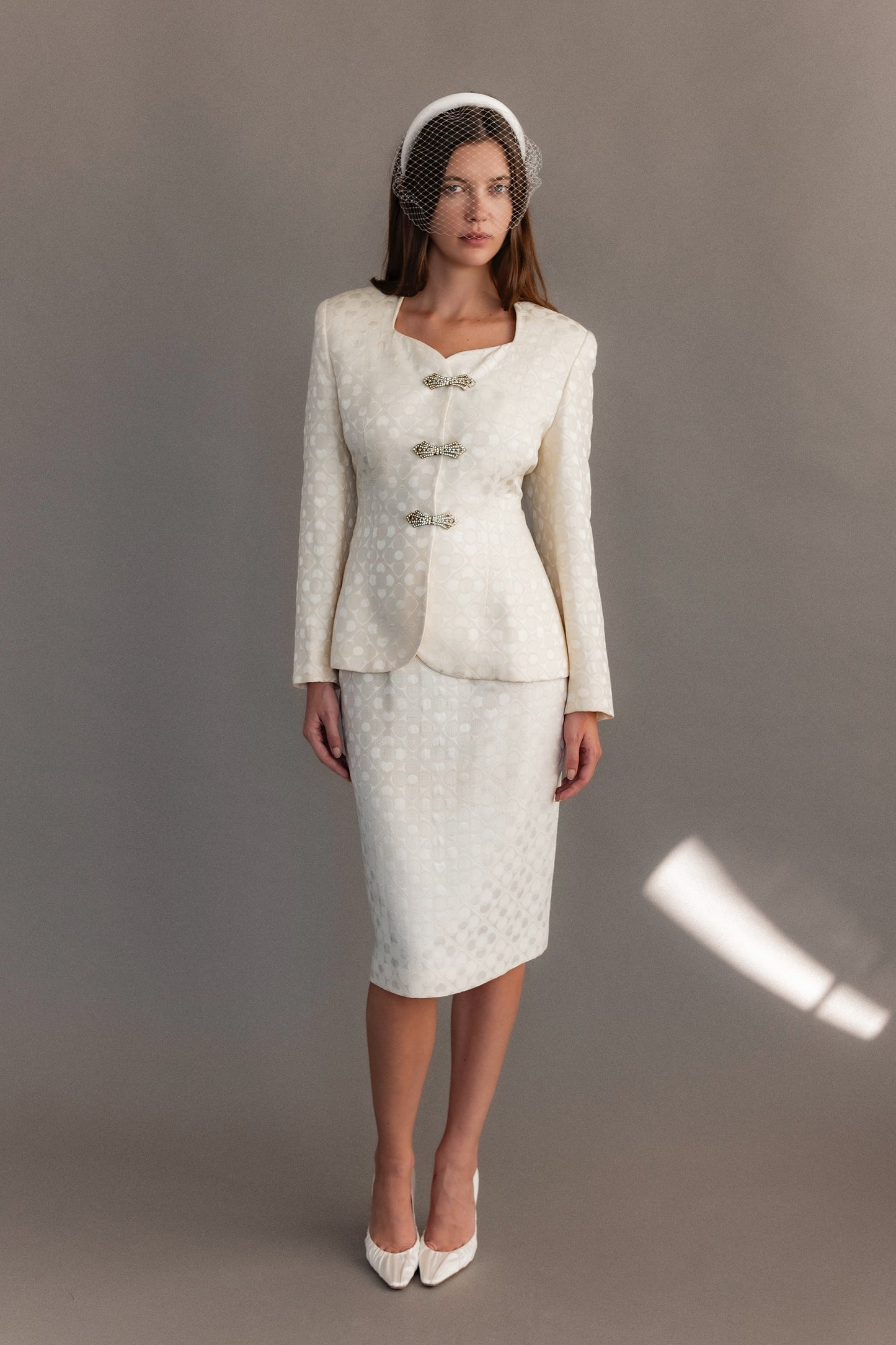 Christian Dior Embellished Brooch Skirt Suit Set