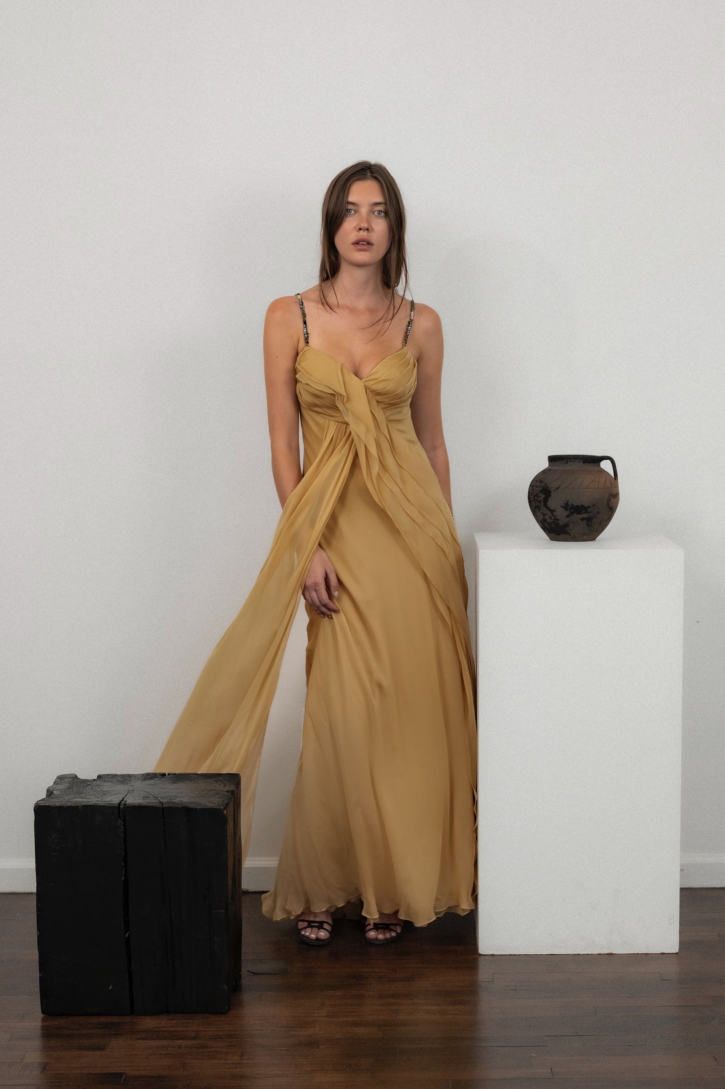 J. Mendel Silk Gown with Ruffle Detail and Embellished Straps in Butter