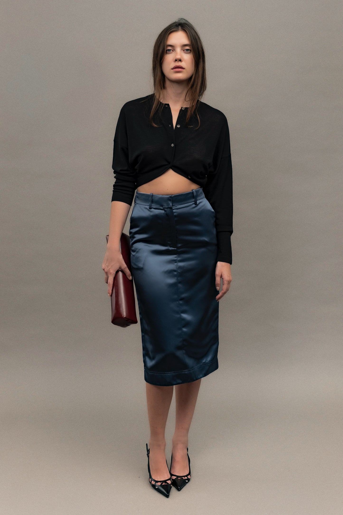 Late 90's Calvin Kelin Blue Satin Midi Skirt
