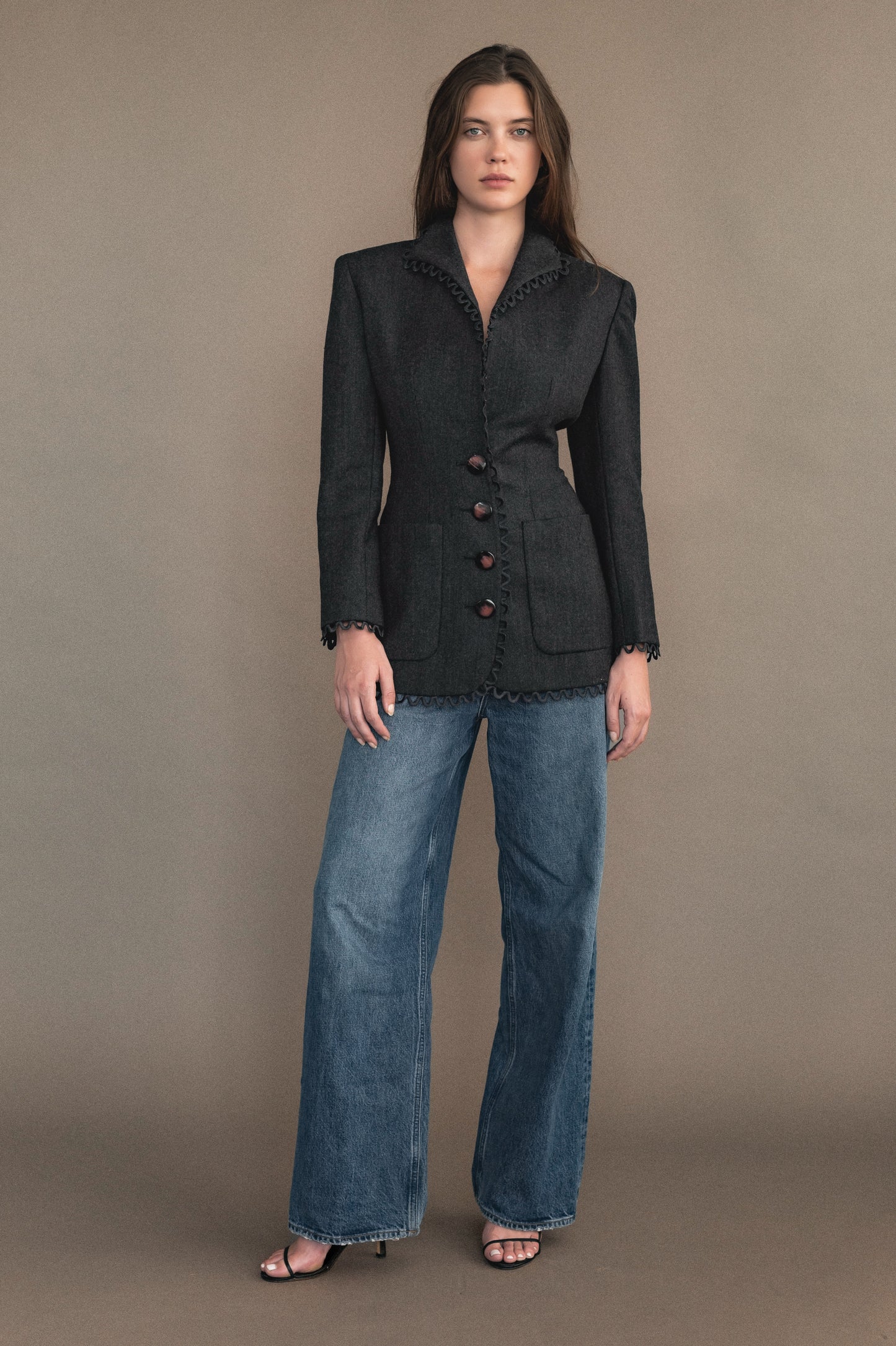 80's Valentino Grey Wool Blazer With Scallop Edge & Enamel Buttons