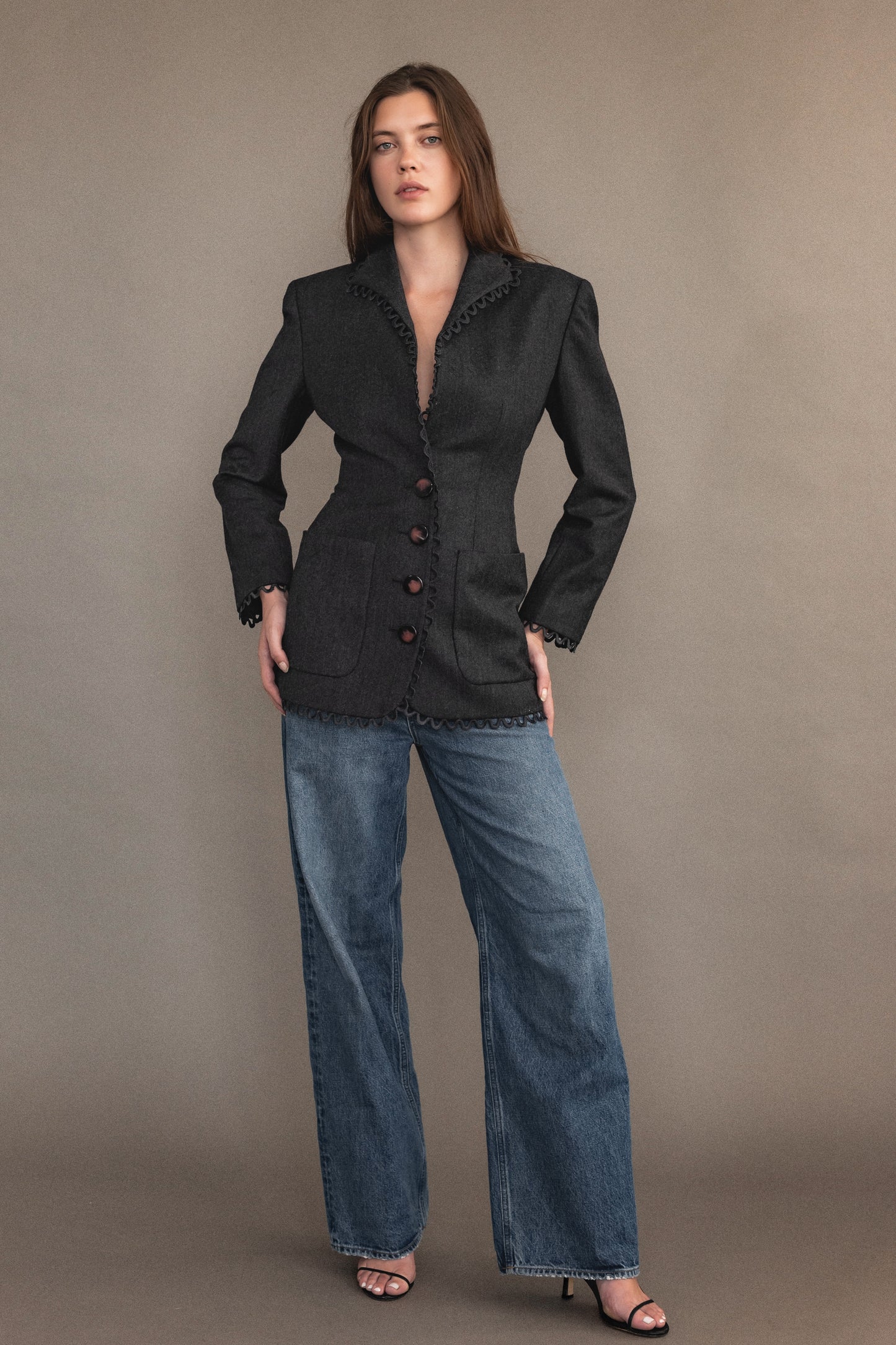 80's Valentino Grey Wool Blazer With Scallop Edge & Enamel Buttons