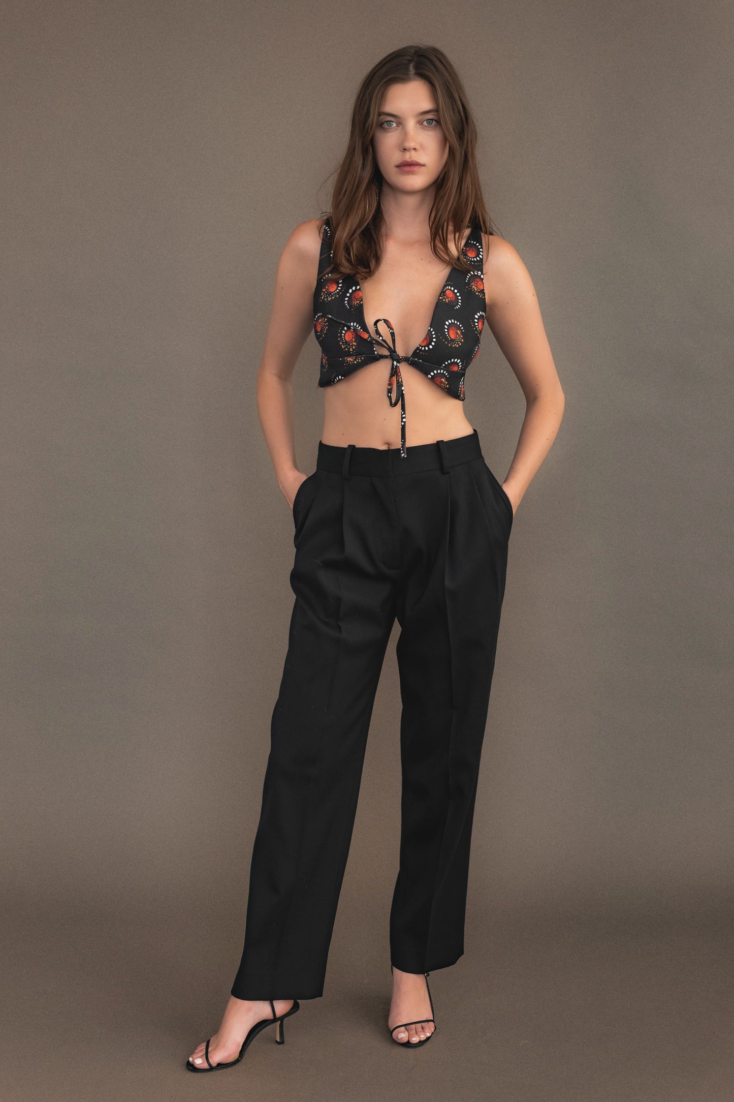 Paco Rabanne Red and Black Patterned Cropped Top With Front Bow Closure