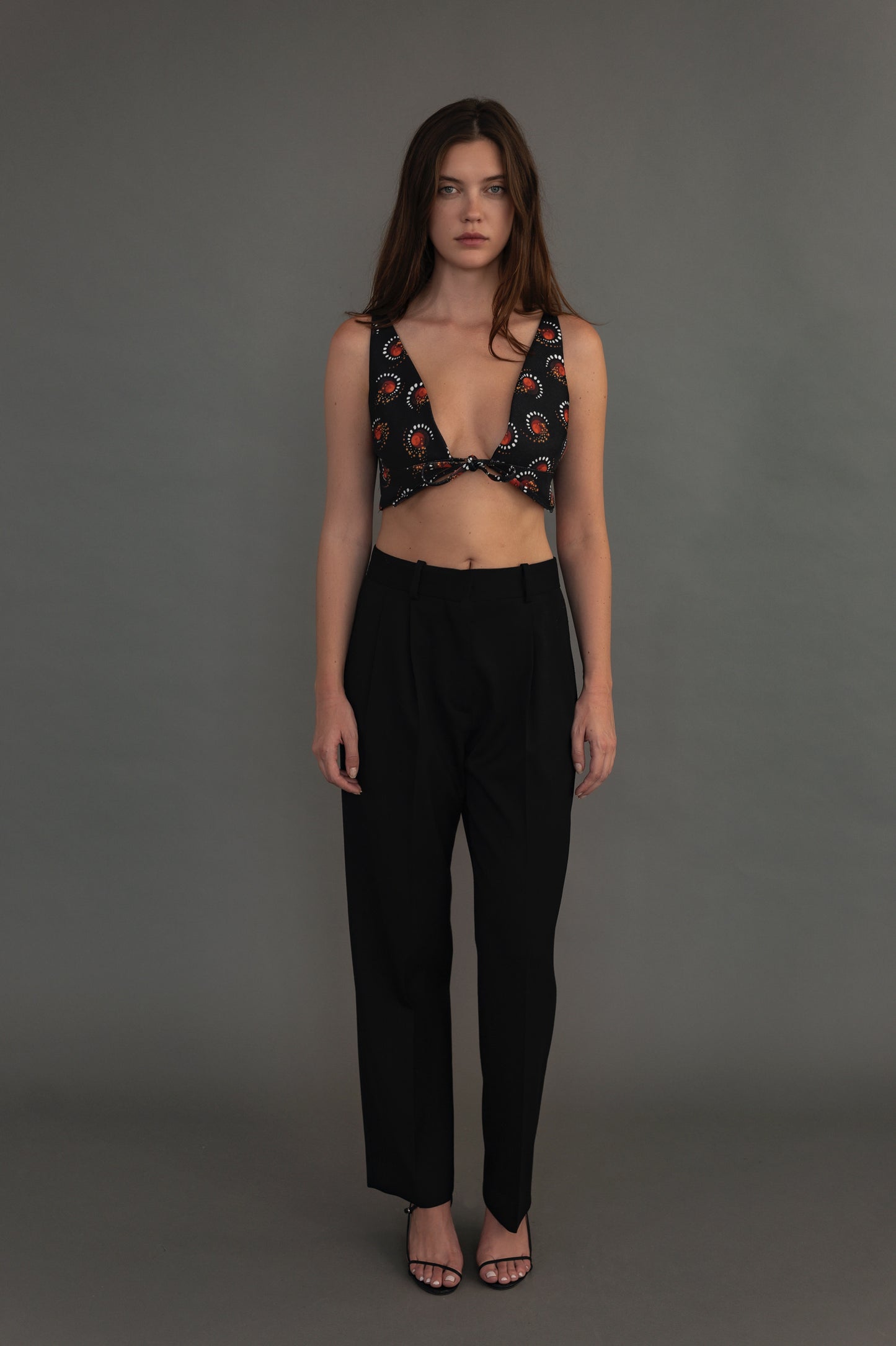 Paco Rabanne Red and Black Patterned Cropped Top With Front Bow Closure