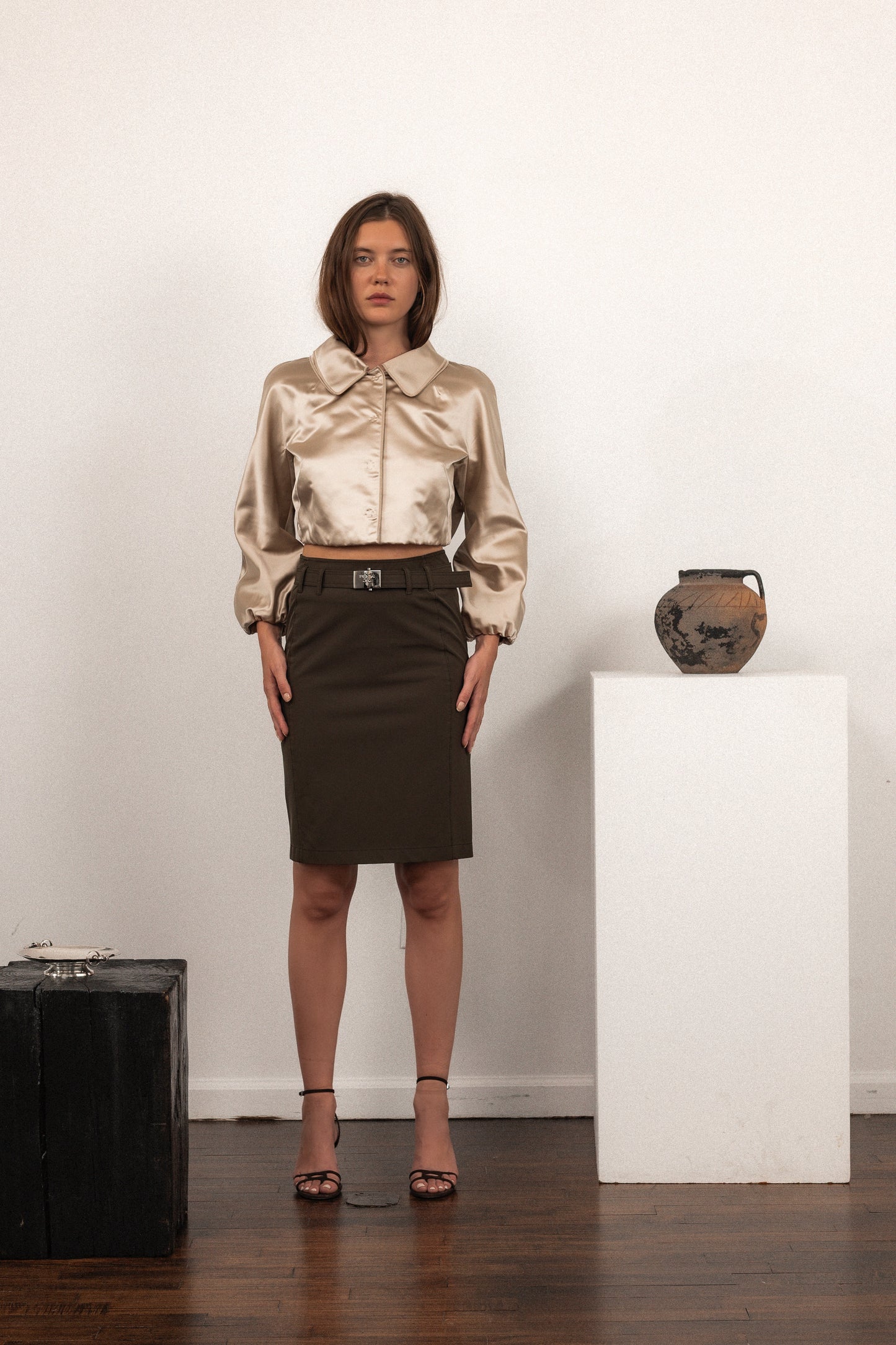 Prada Midi Nylon Stretch Skirt with Belt in Beige / Eggplant