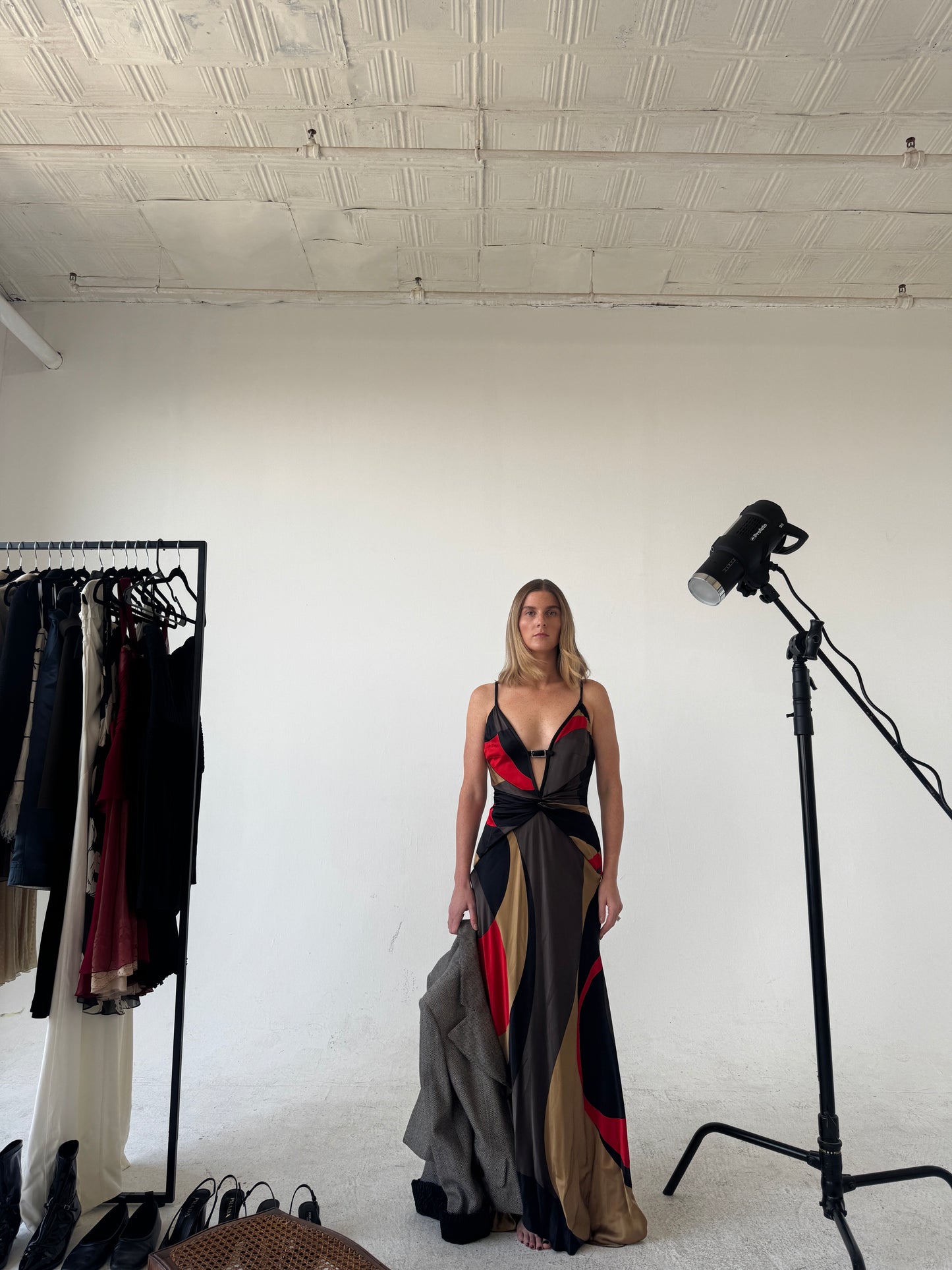 Valentino Multicolor Printed Silk Satin Draped Gown