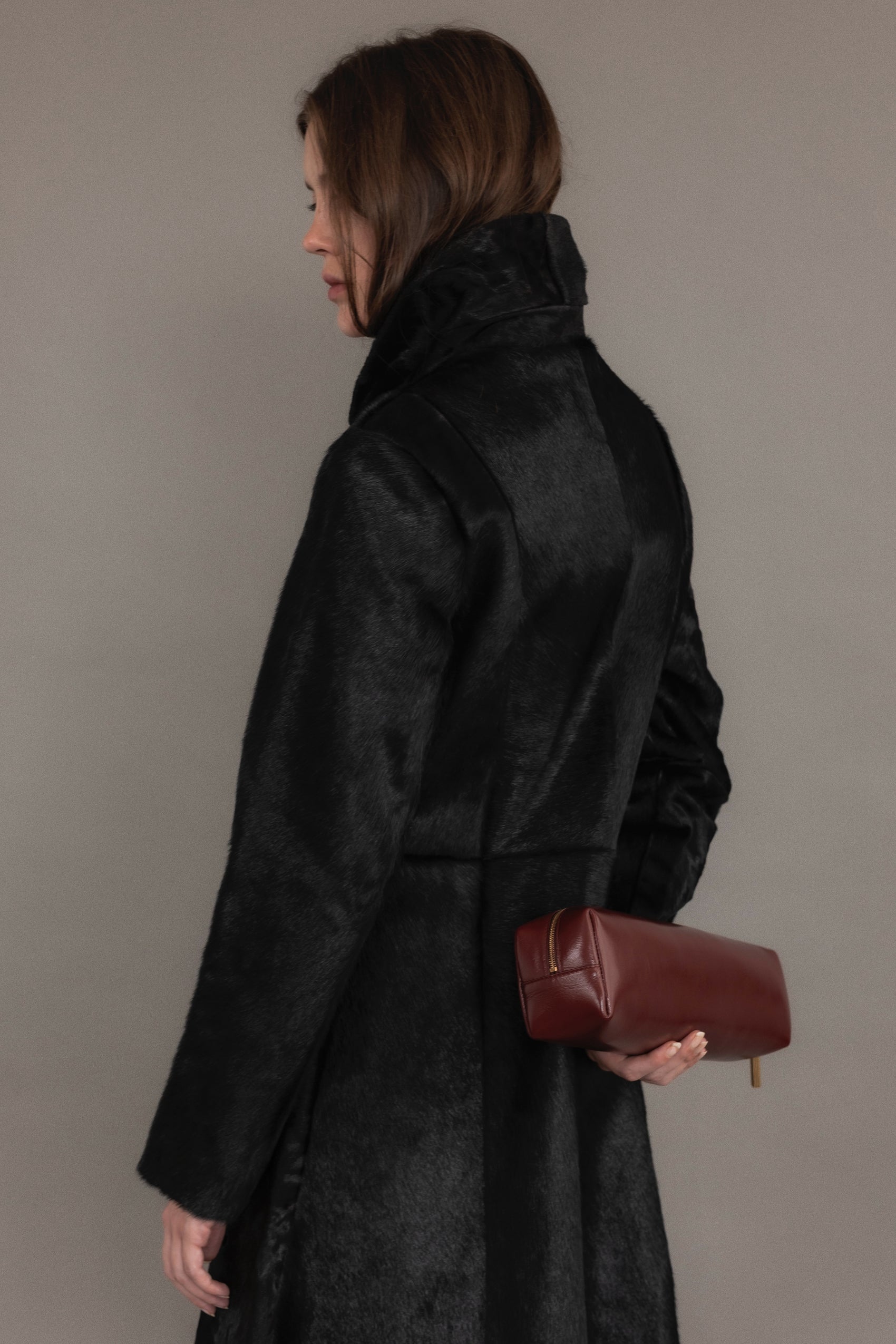 Black Ponyhair Peacoat With Croc-Embossed Buttons