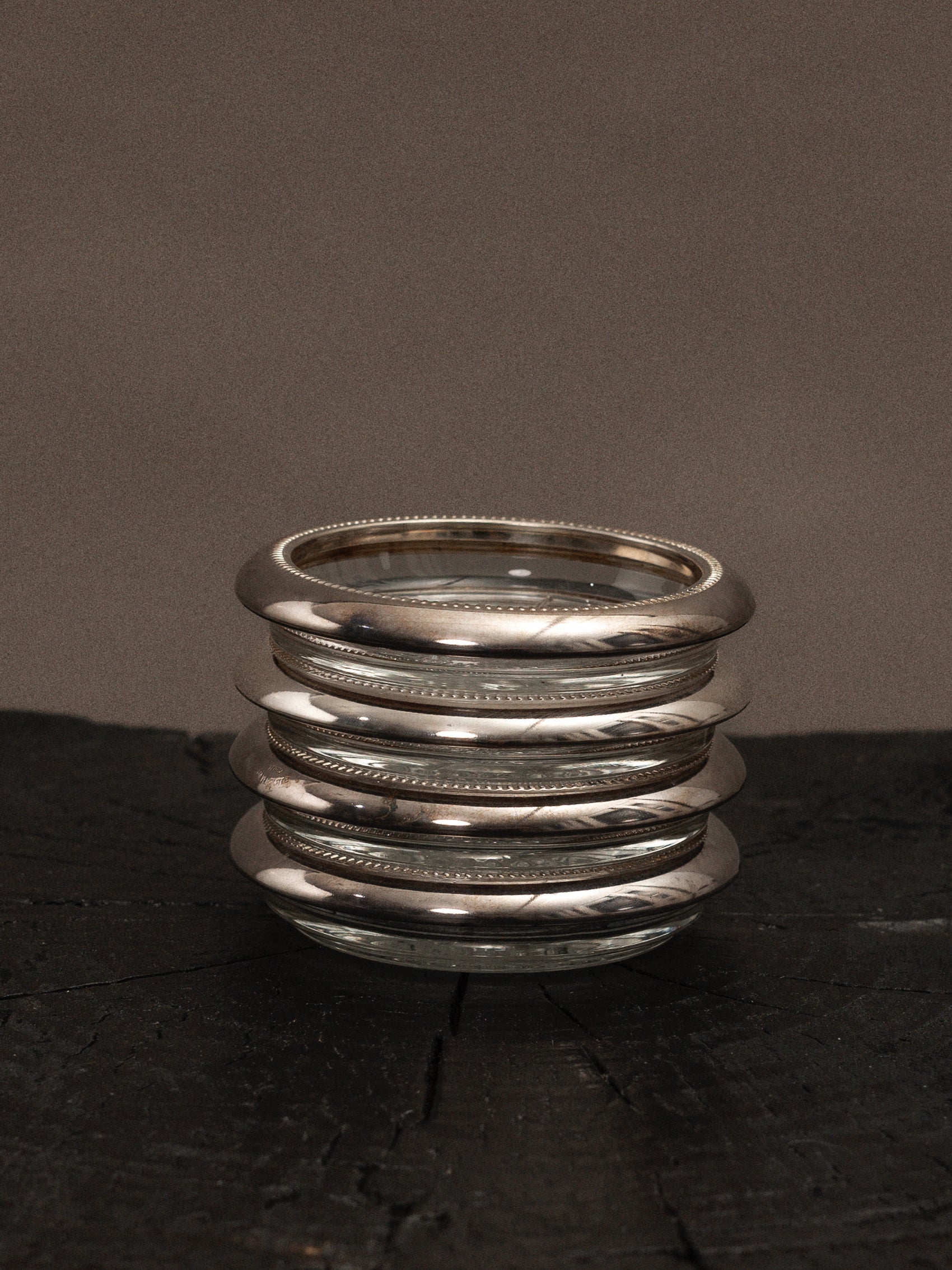 Set of 4 Glass Art Deco Etched Glass Silver Coasters