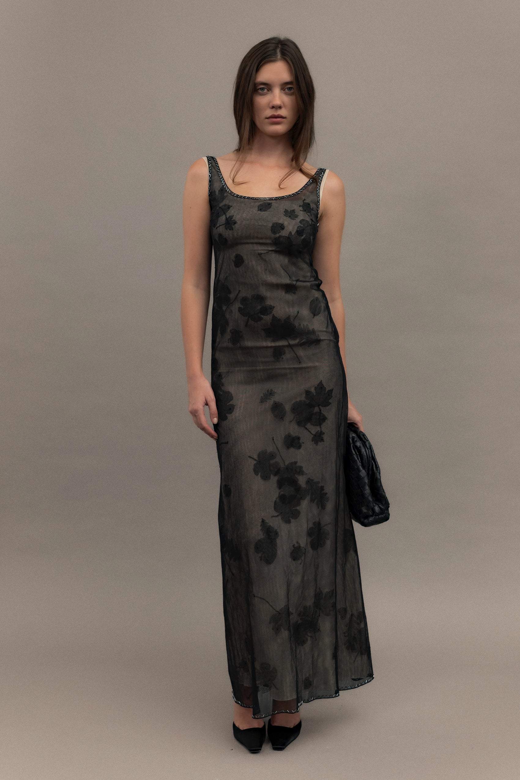 Prada 1999 Vintage Delicate Mesh Leaf Embellished Print Gown