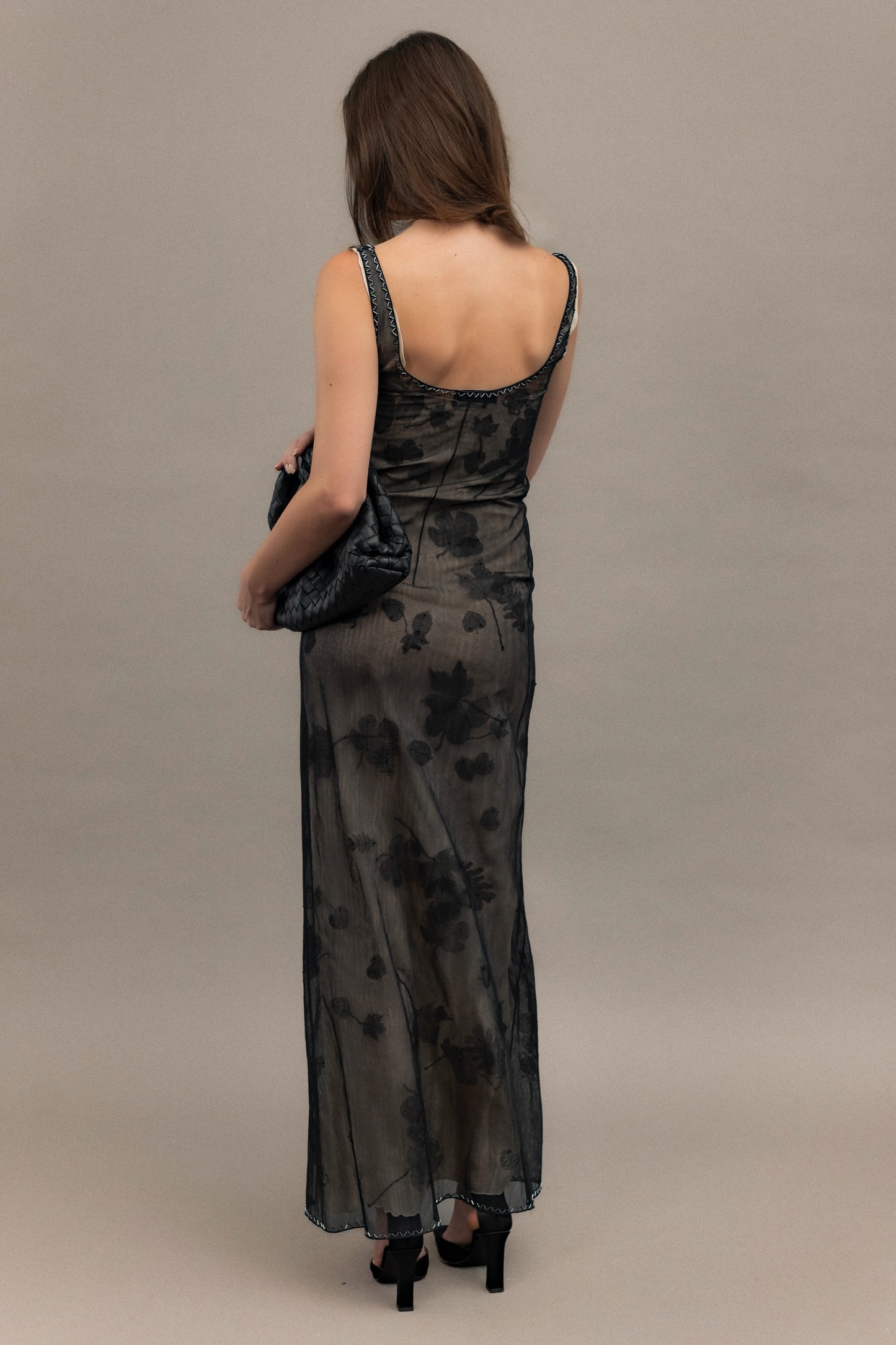 Prada 1999 Vintage Delicate Mesh Leaf Embellished Print Gown