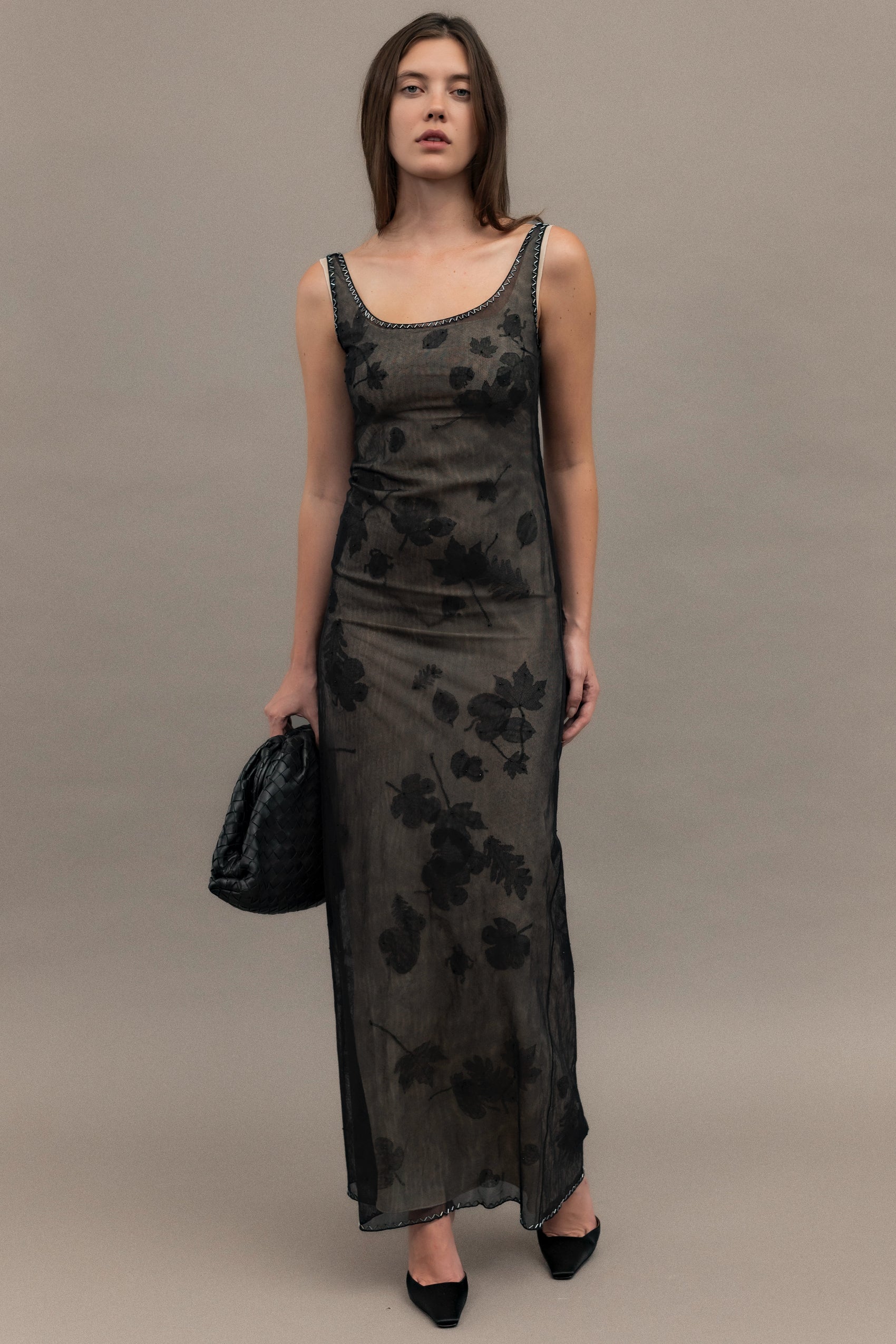 Prada 1999 Vintage Delicate Mesh Leaf Embellished Print Gown