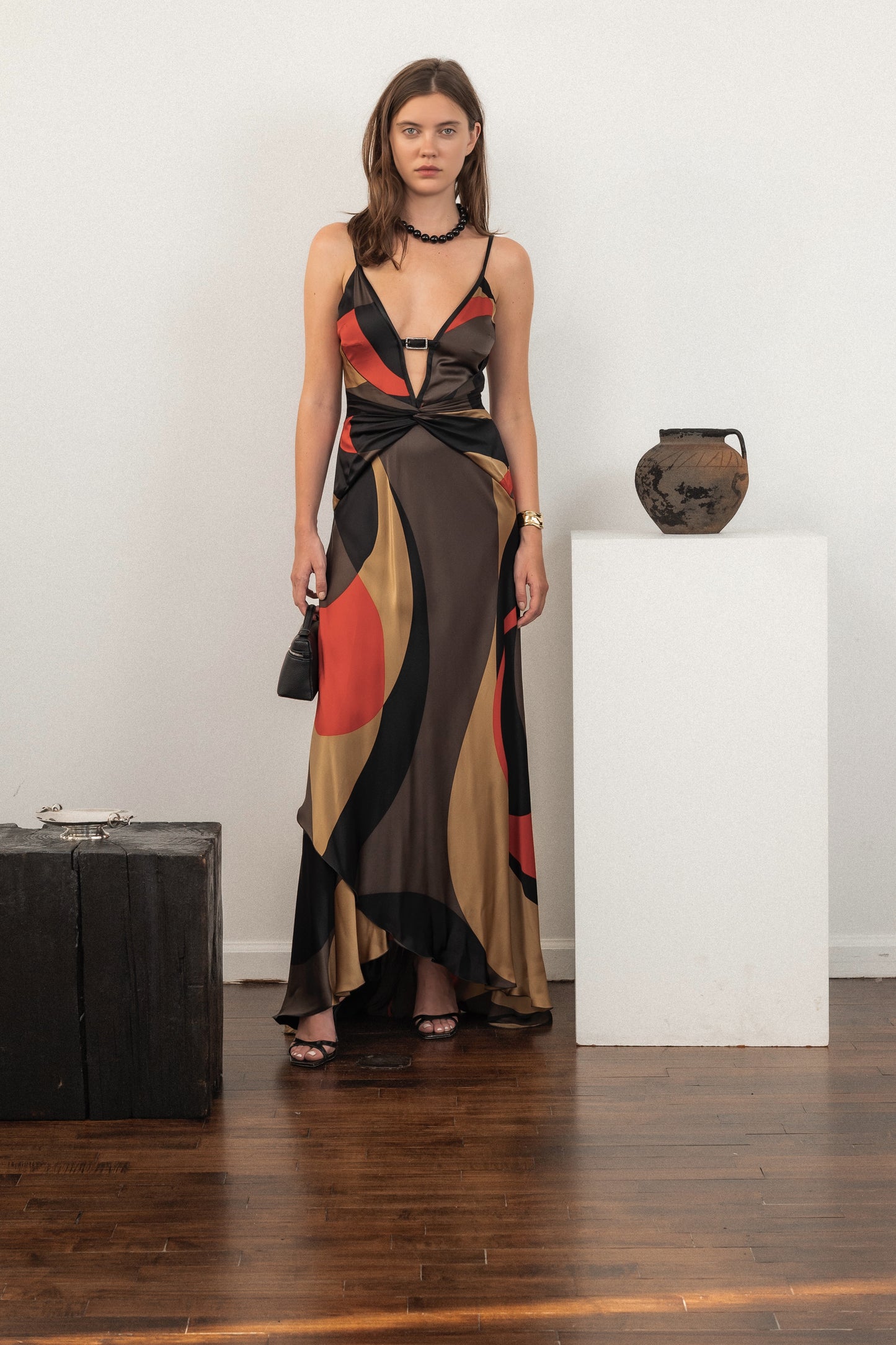 Valentino Multicolor Printed Silk Satin Draped Gown