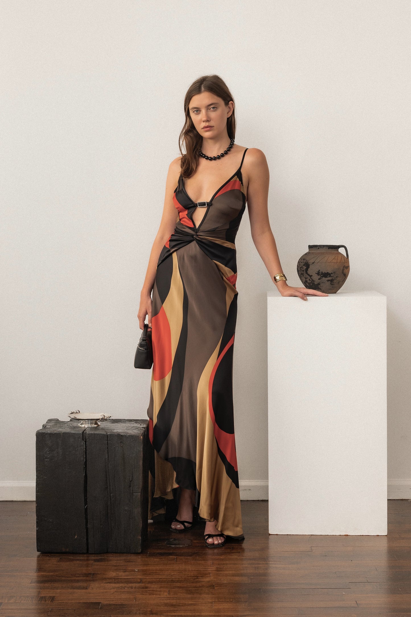 Valentino Multicolor Printed Silk Satin Draped Gown