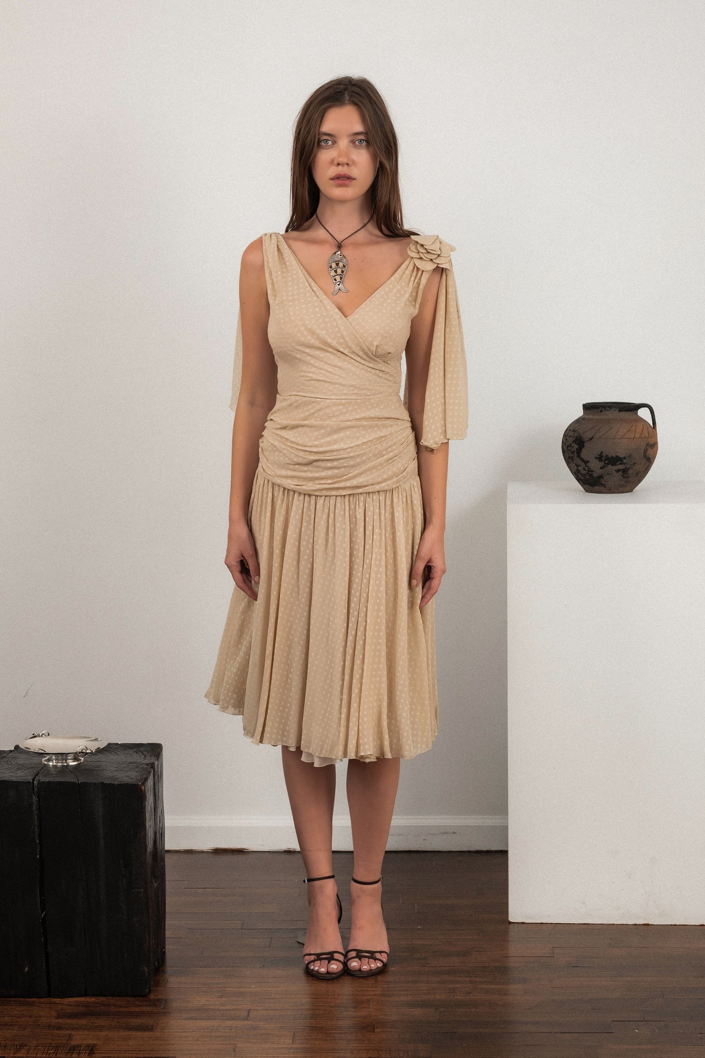 Moschino Beige Swiss Dot Ruched Dress