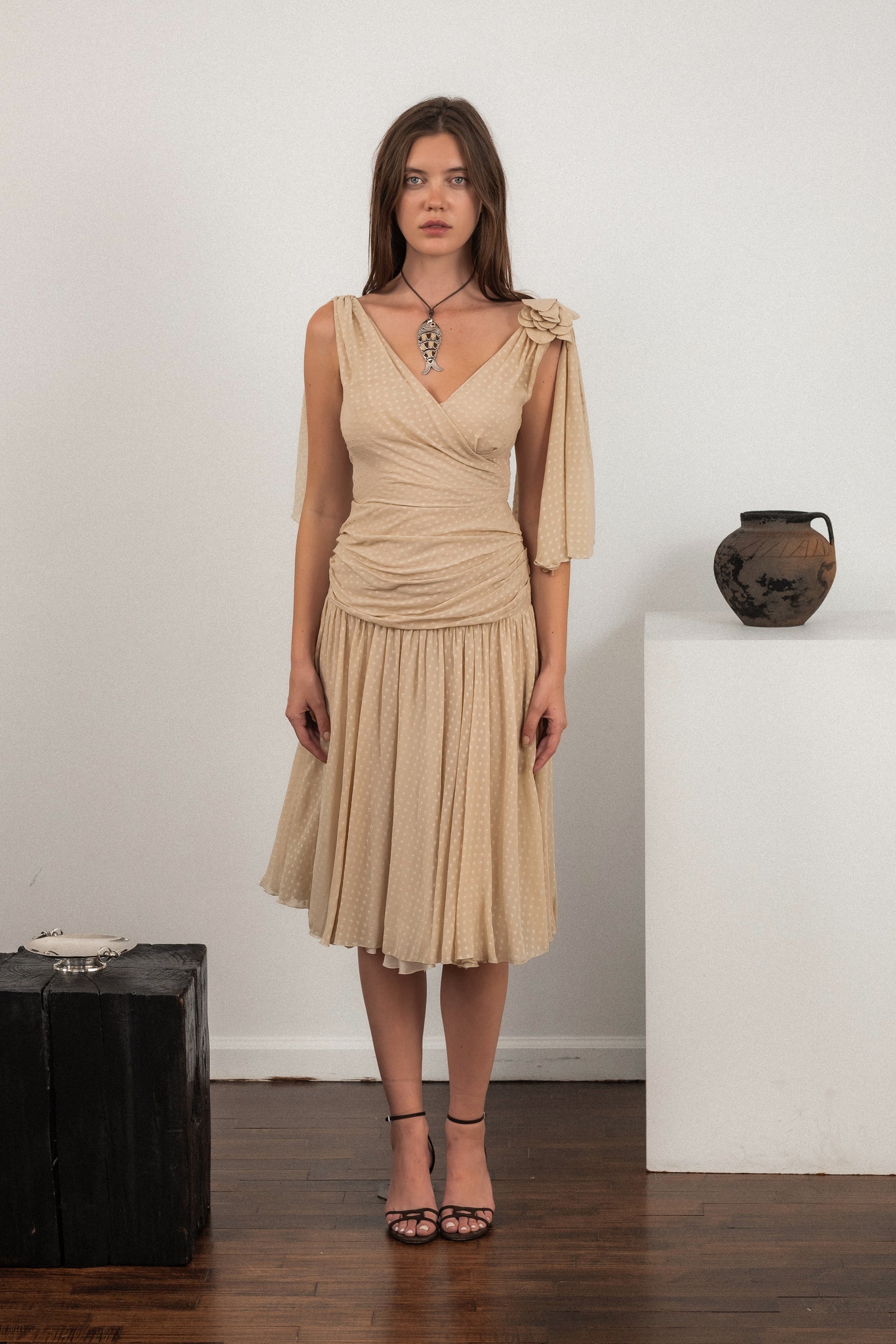 Moschino Beige Swiss Dot Ruched Dress