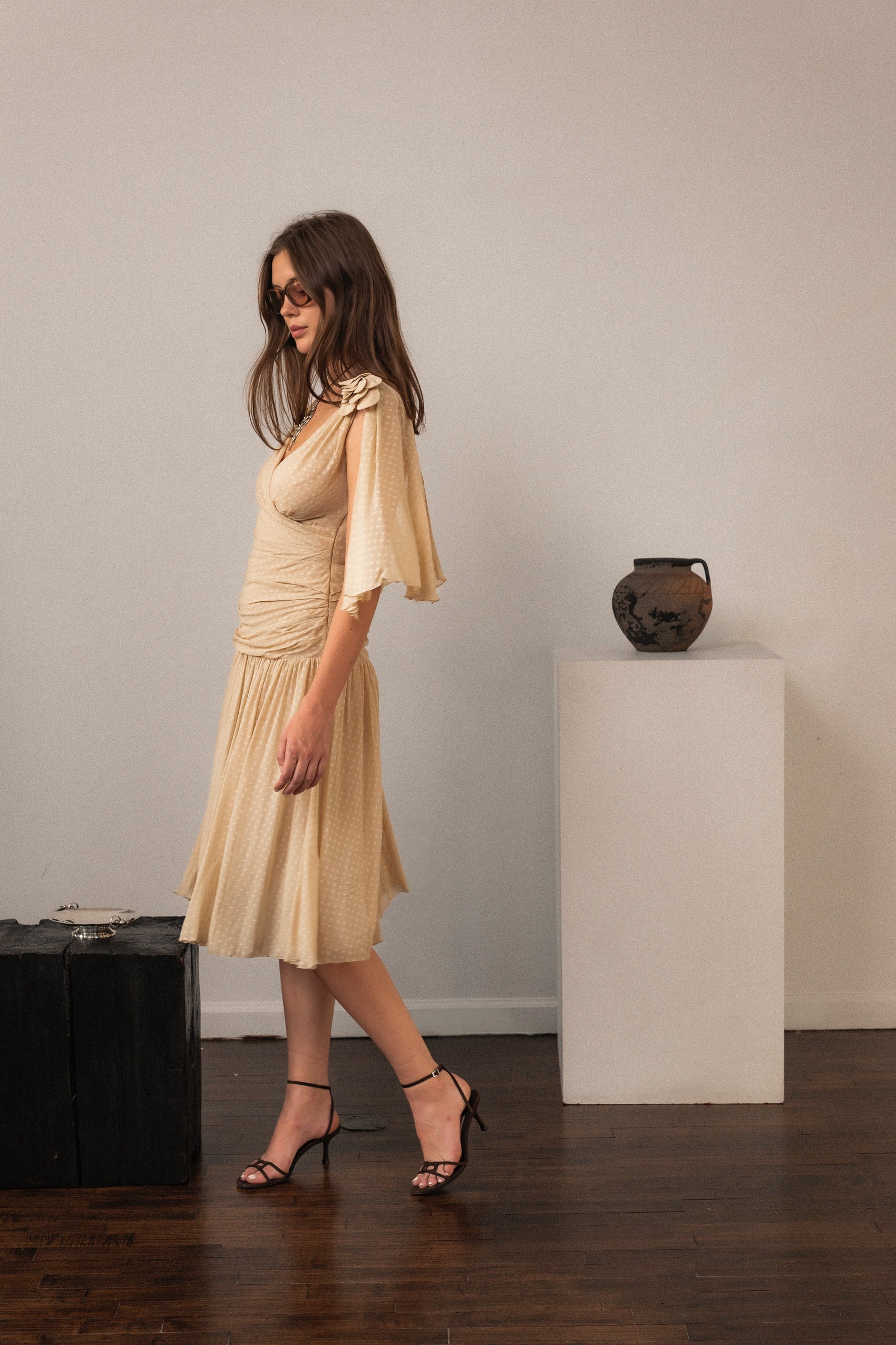 Moschino Beige Swiss Dot Ruched Dress