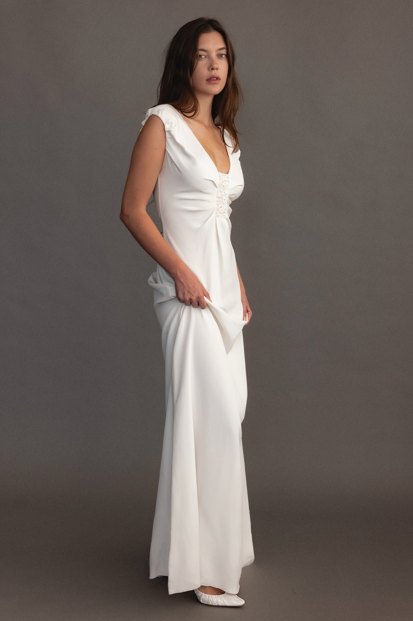 Valentino Ivory Silk Bias-Cut Gown with Ruched Bodice