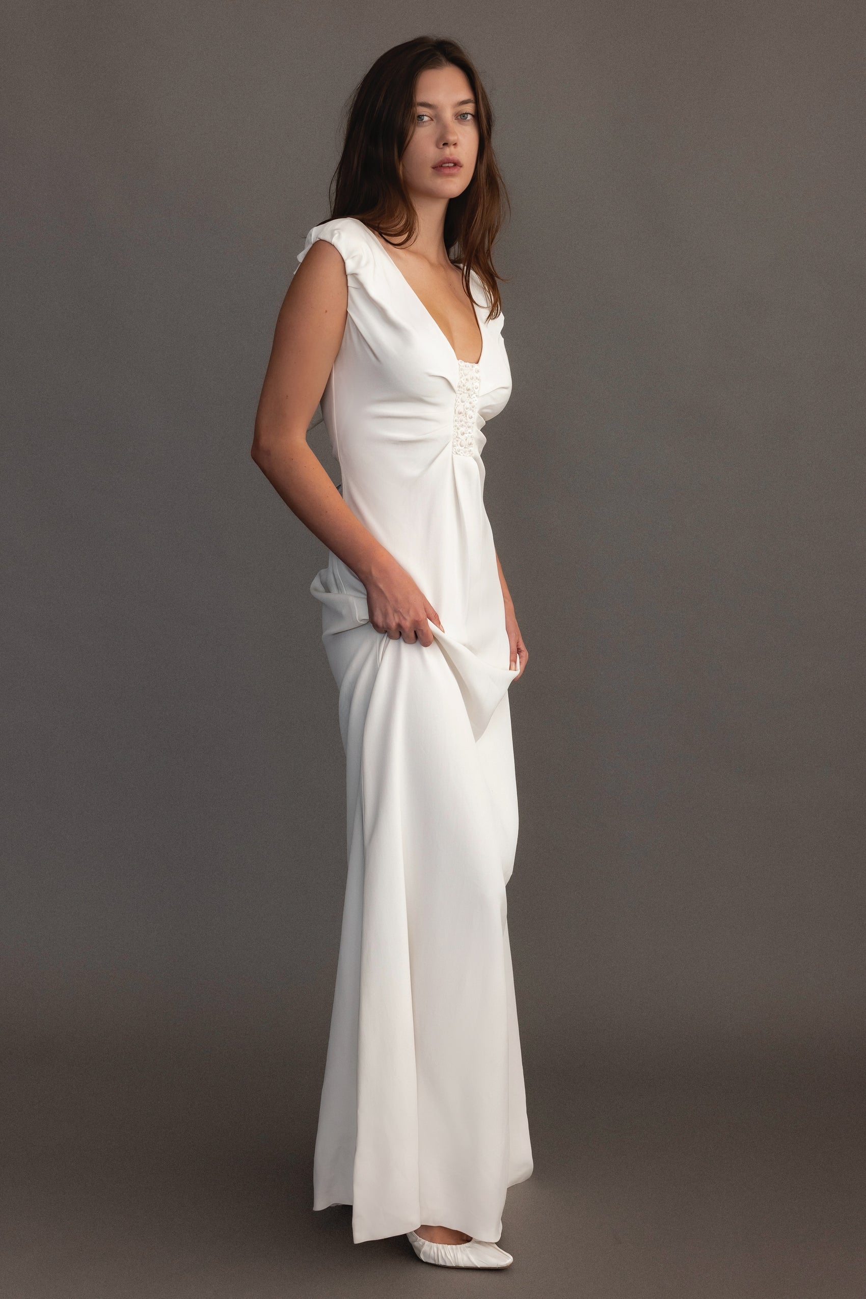 Valentino Ivory Silk Bias-Cut Gown with Ruched Bodice