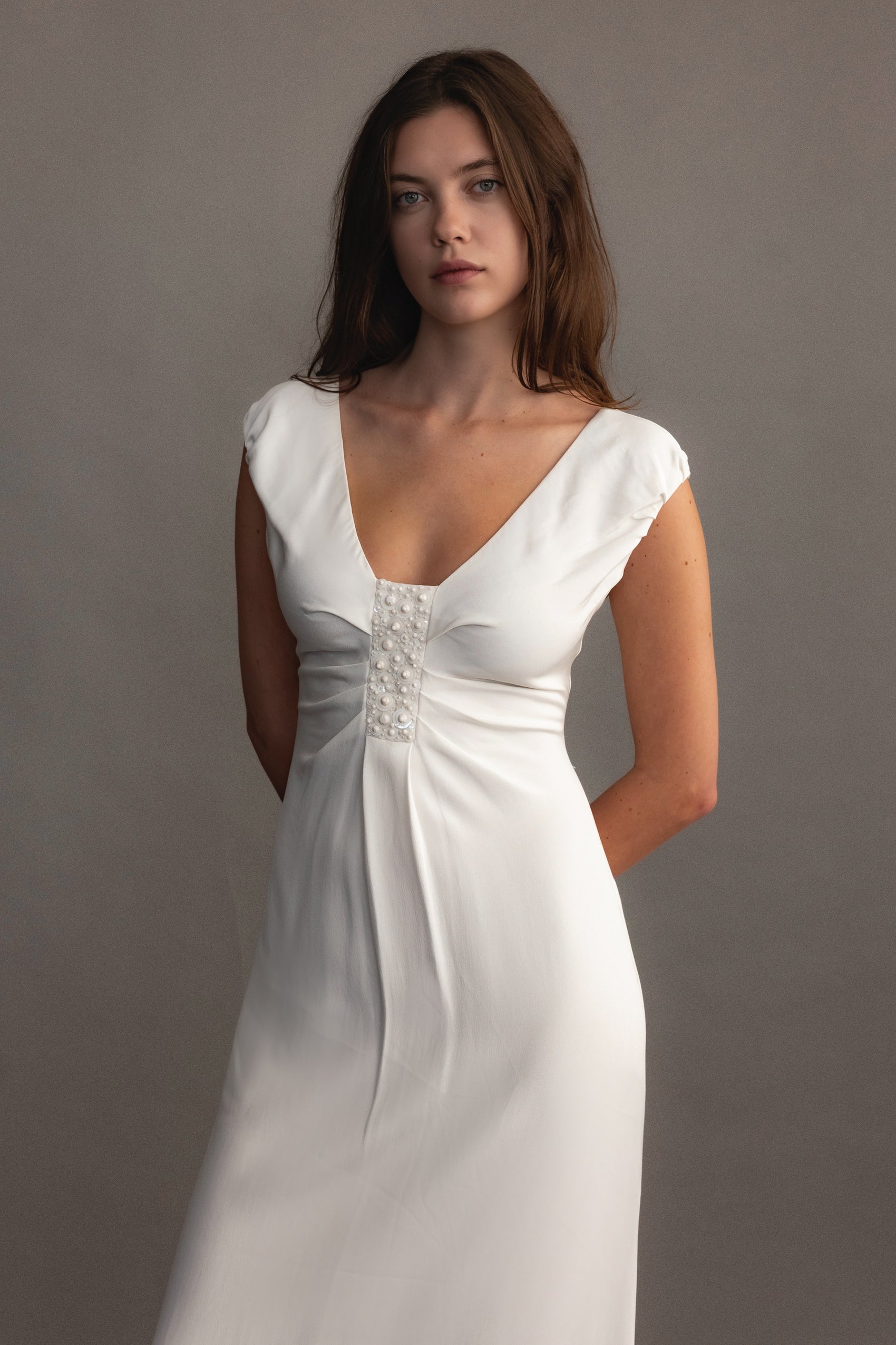 Valentino Ivory Silk Bias-Cut Gown with Ruched Bodice