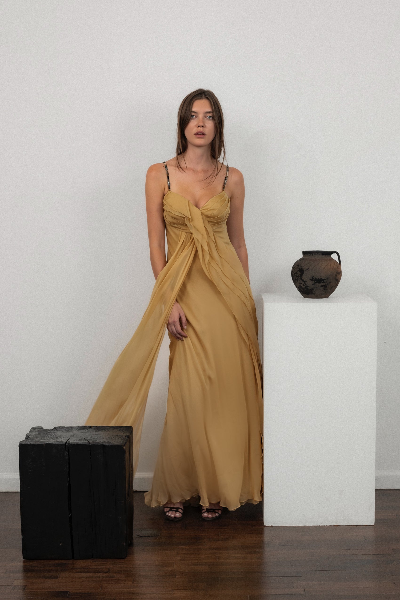 J. Mendel Silk Gown with Ruffle Detail and Embellished Straps in Butter