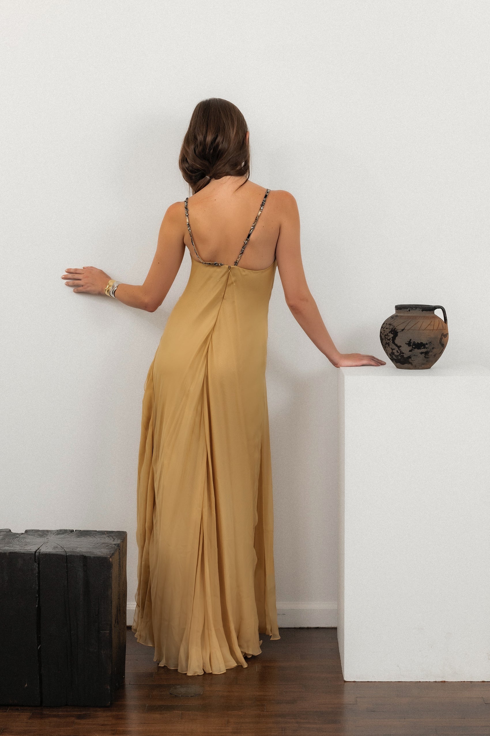 J. Mendel Silk Gown with Ruffle Detail and Embellished Straps in Butter