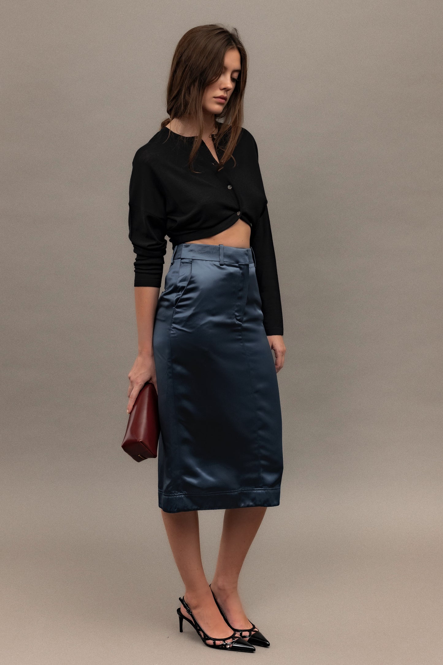 Late 90's Calvin Kelin Blue Satin Midi Skirt