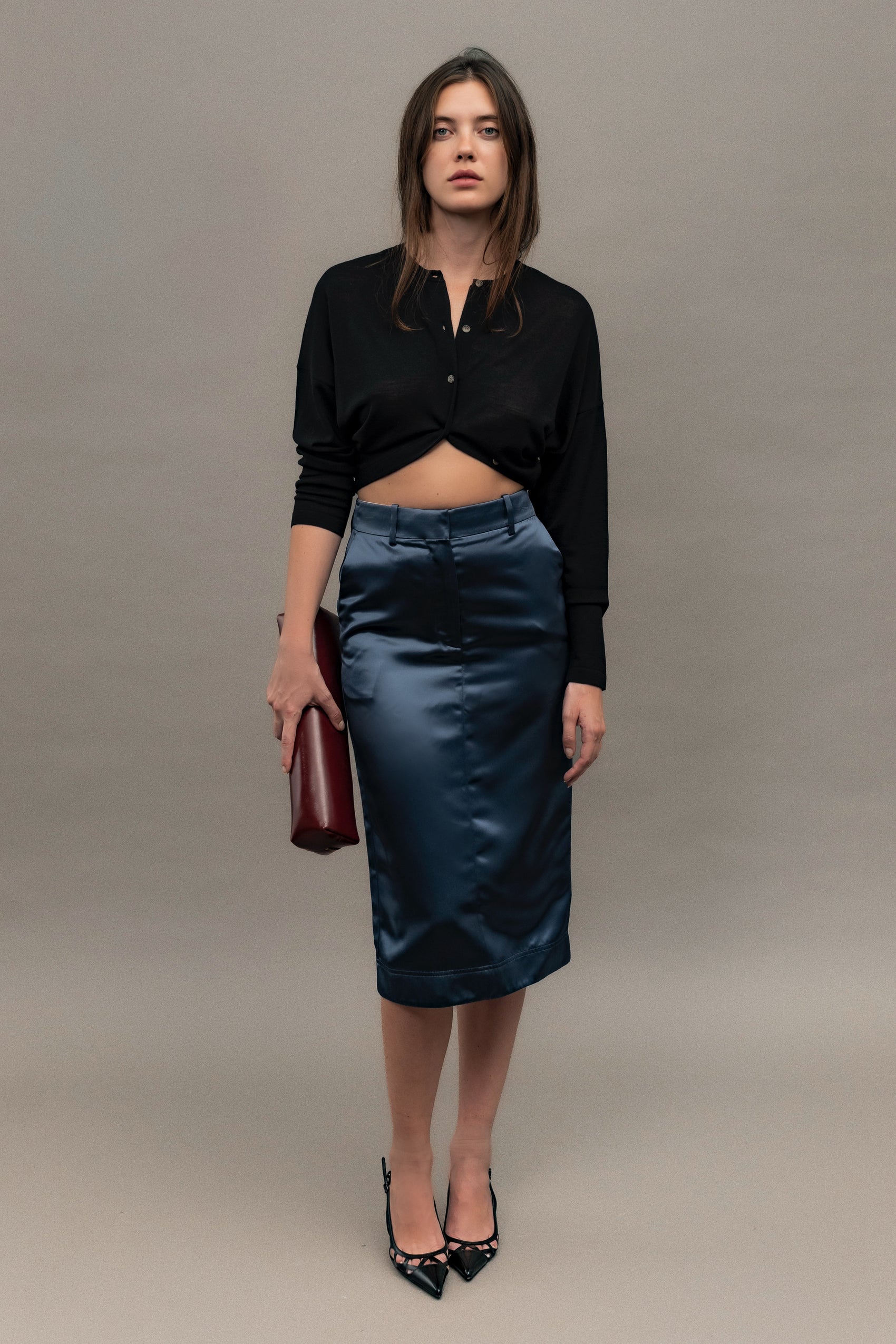 Late 90's Calvin Kelin Blue Satin Midi Skirt