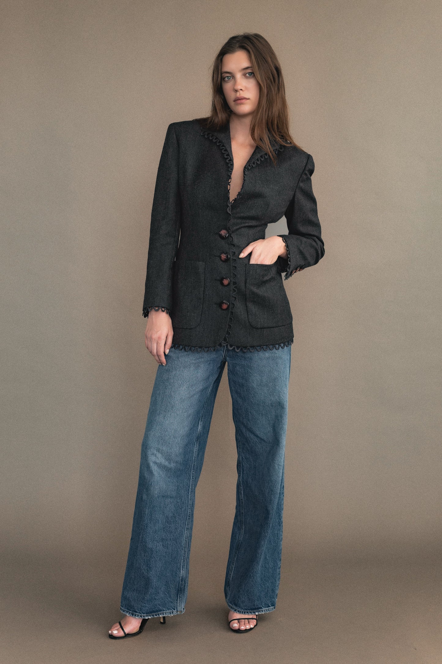 80's Valentino Grey Wool Blazer With Scallop Edge & Enamel Buttons