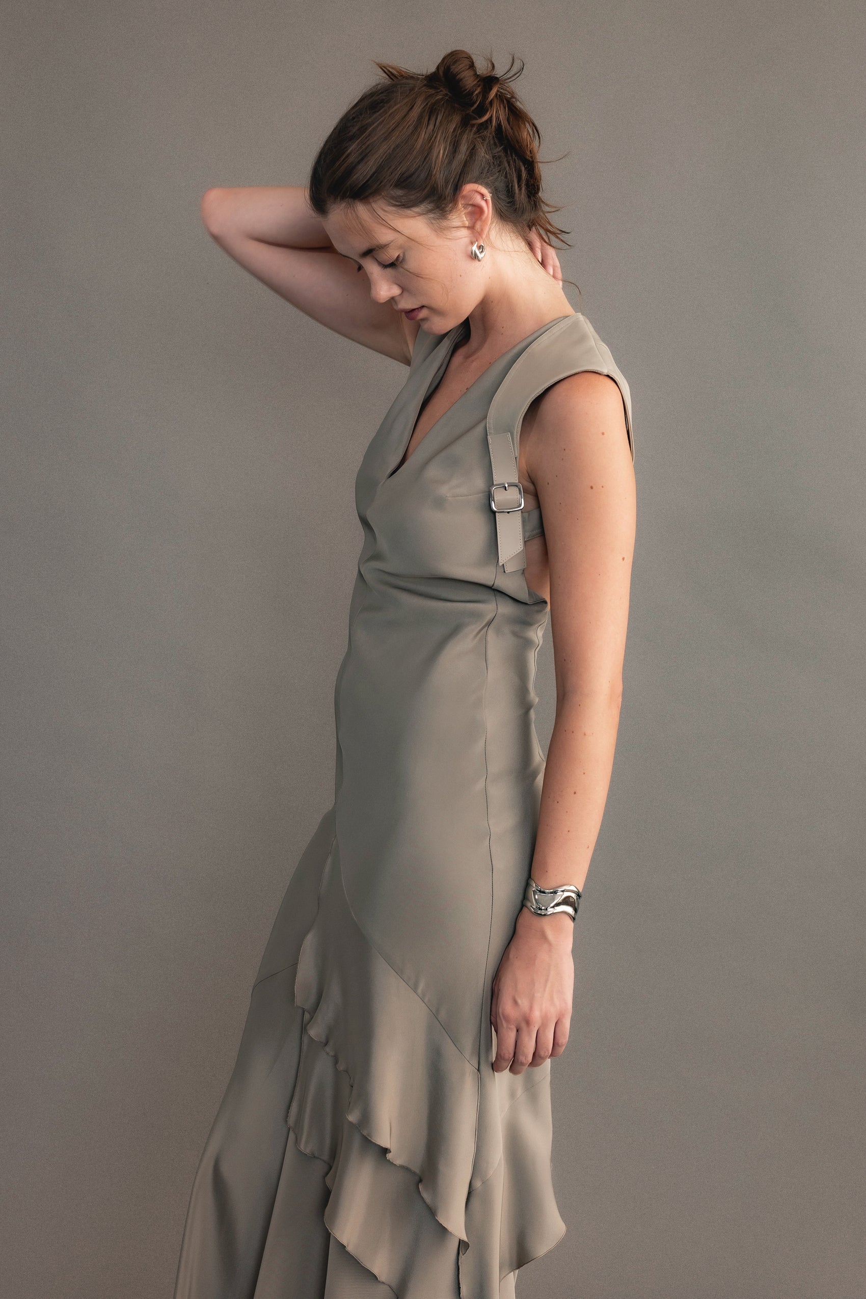 Grey Max Mara Buckle Accent Open Back Dress