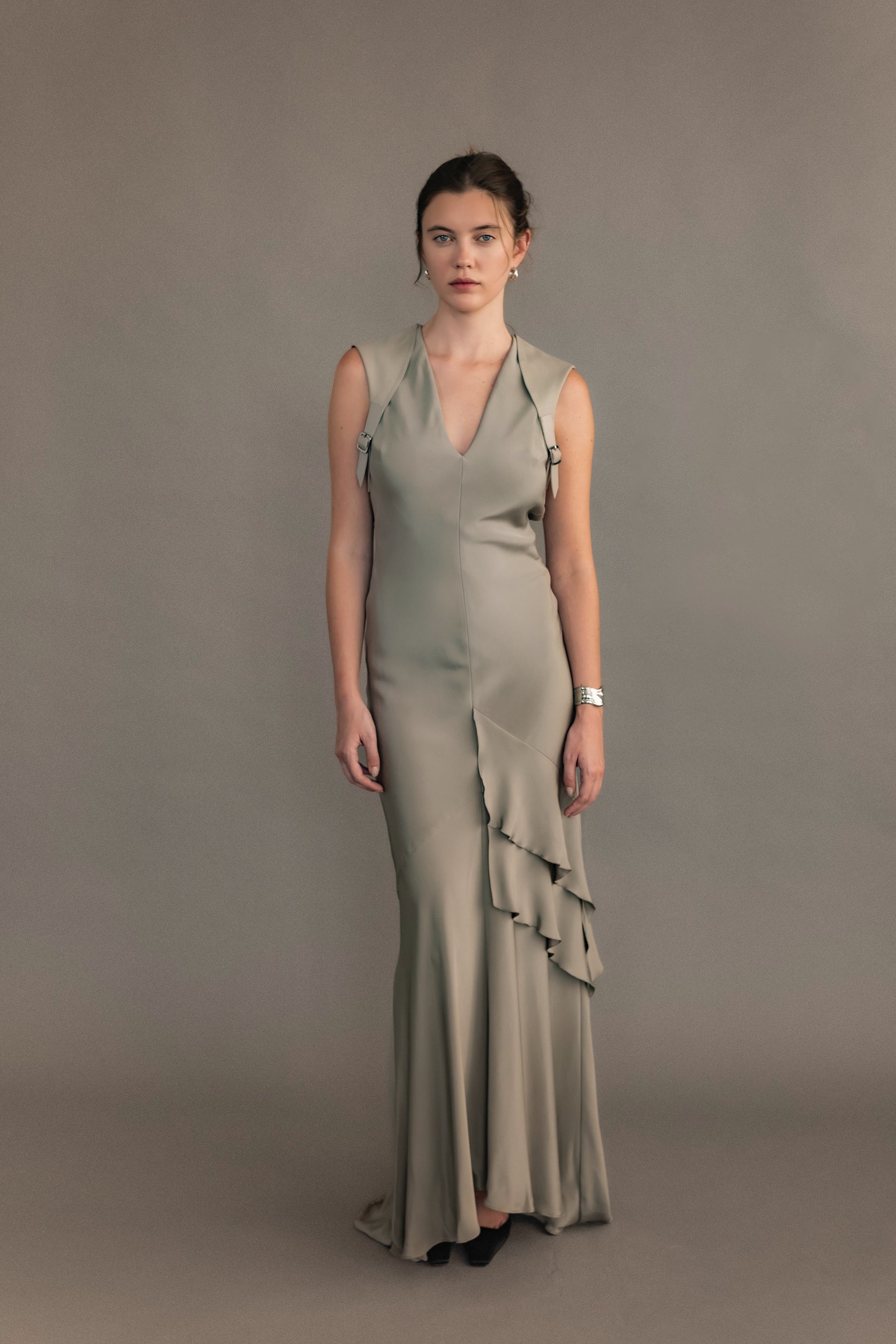 Grey Max Mara Buckle Accent Open Back Dress