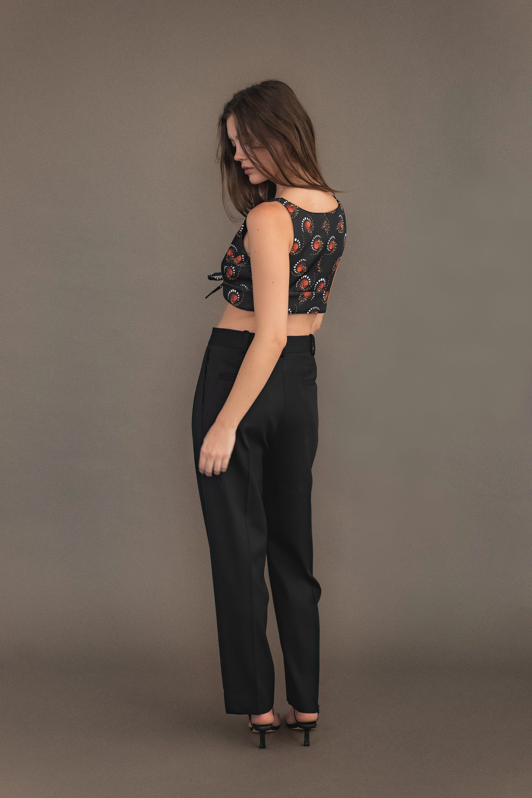 Paco Rabanne Red and Black Patterned Cropped Top With Front Bow Closure