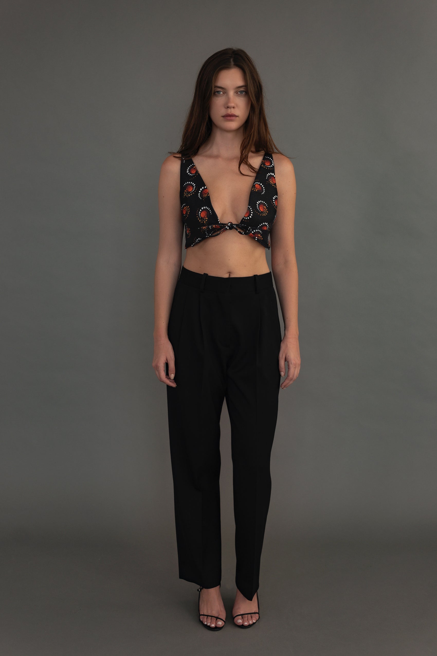 Paco Rabanne Red and Black Patterned Cropped Top With Front Bow Closure