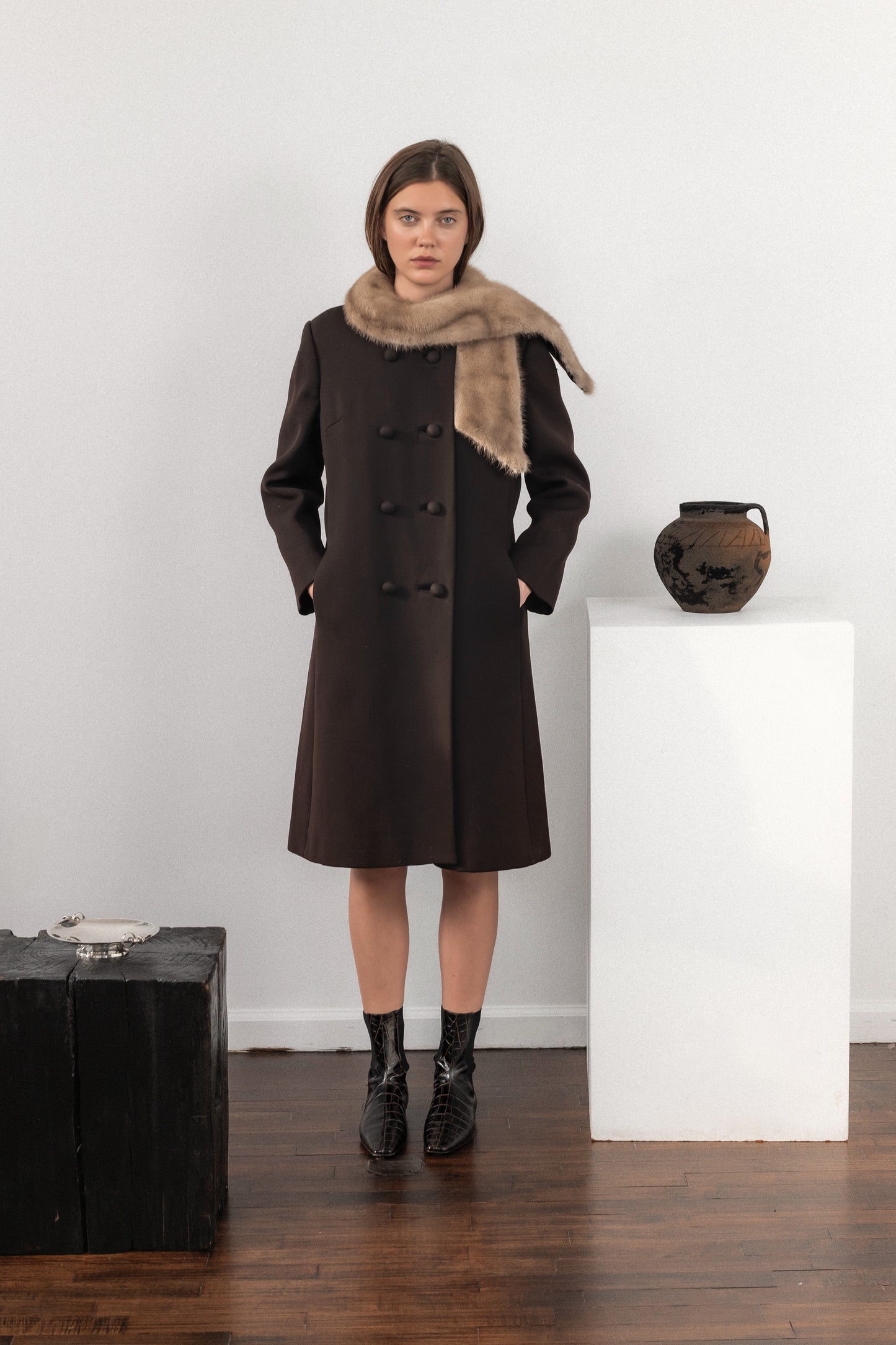 Brown Wool Peacoat with Cream Fur Stole Collar