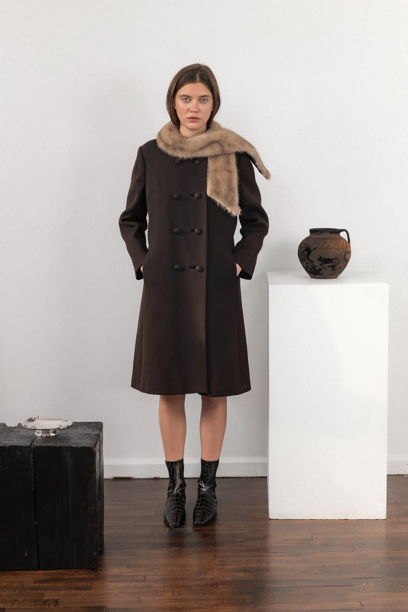 Brown Wool Peacoat with Cream Fur Stole Collar