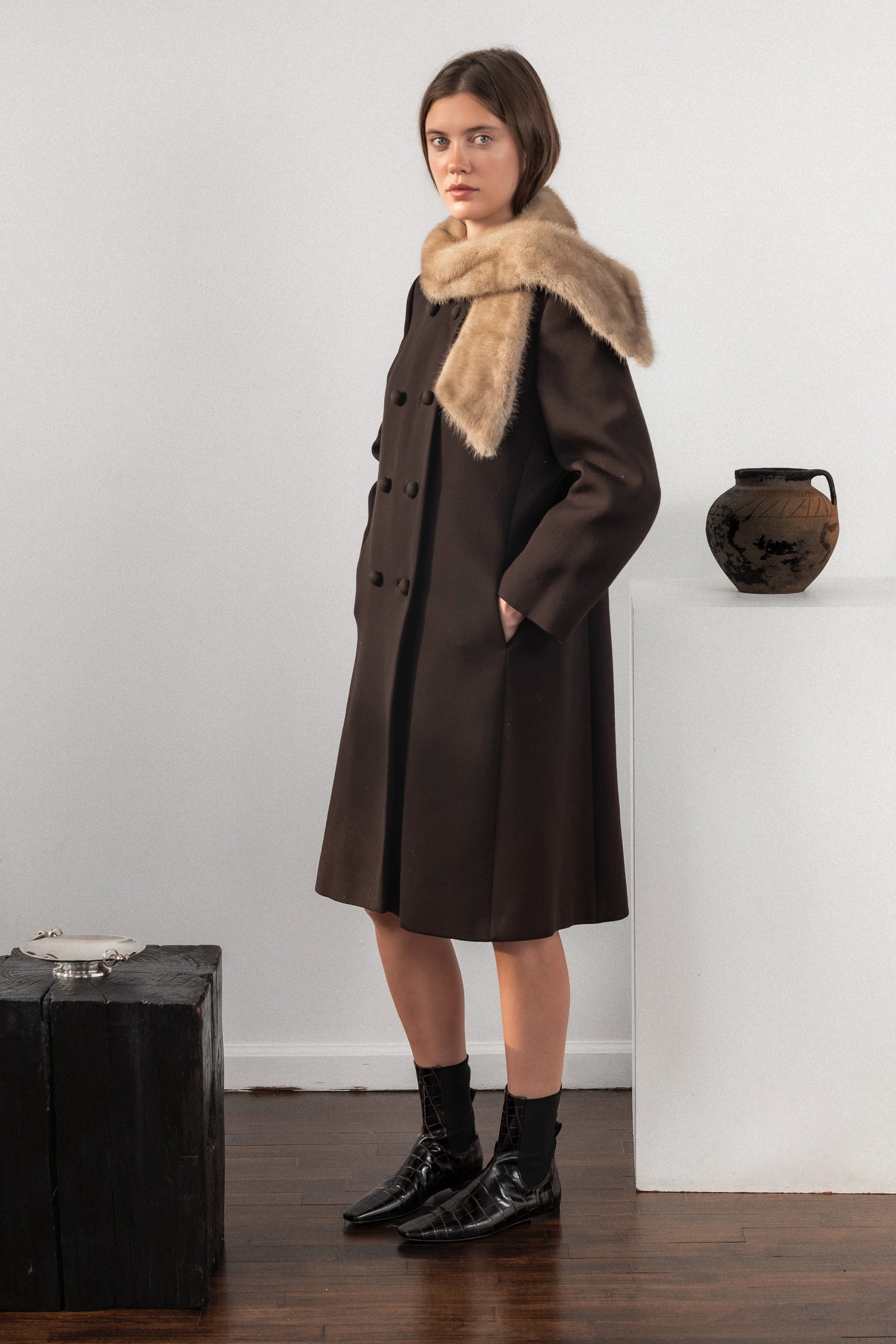 Brown Wool Peacoat with Cream Fur Stole Collar