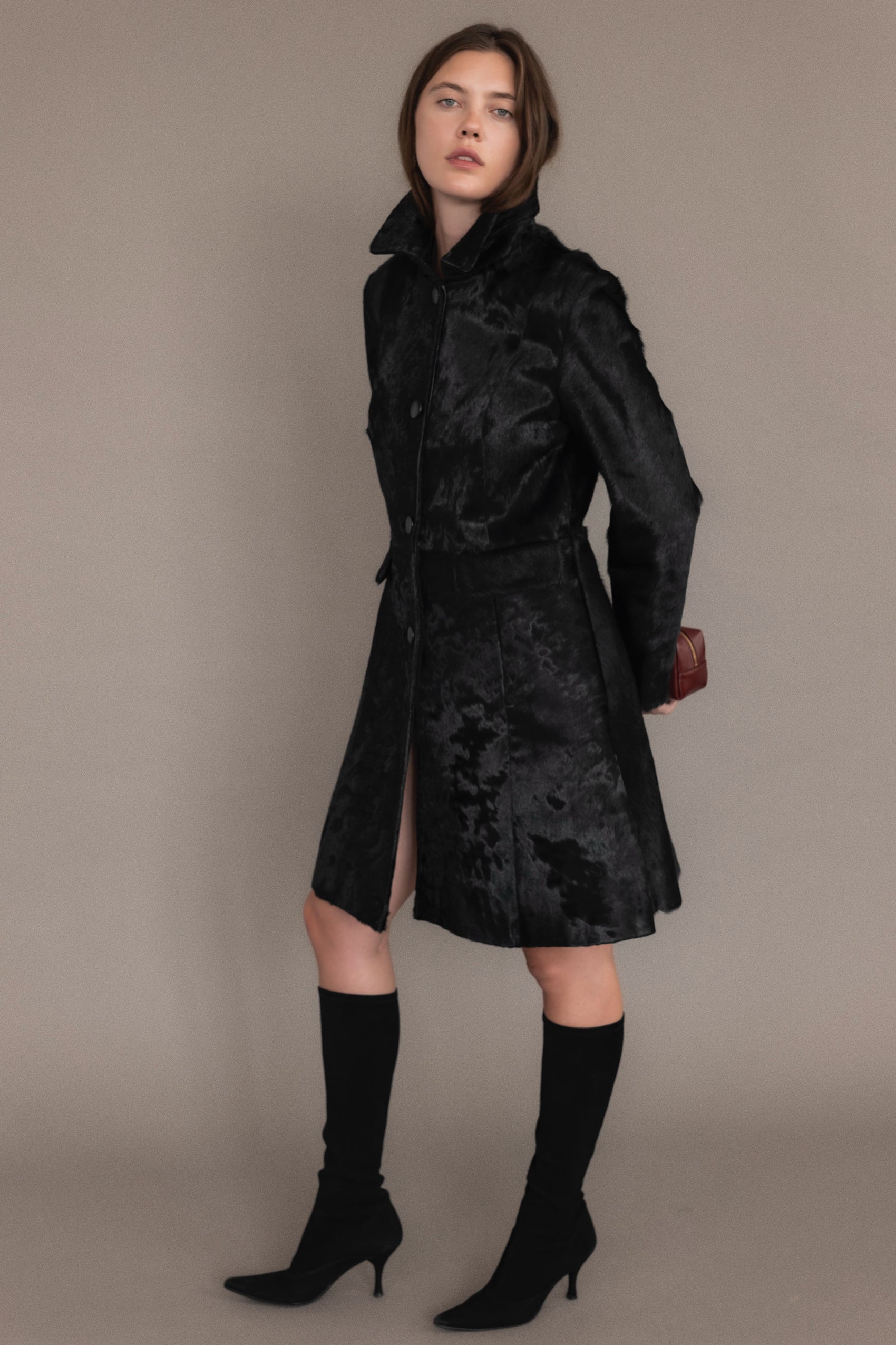 Black Ponyhair Peacoat With Croc-Embossed Buttons