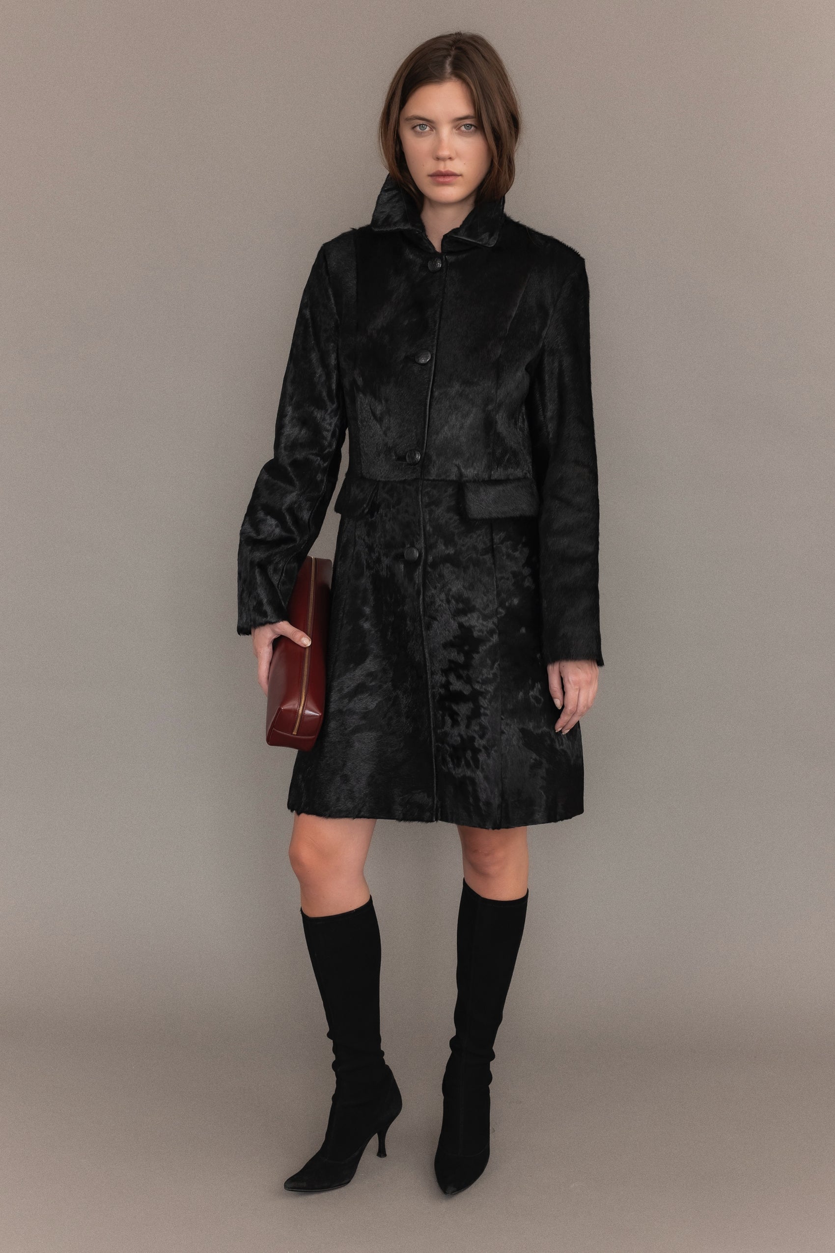 Black Ponyhair Peacoat With Croc-Embossed Buttons