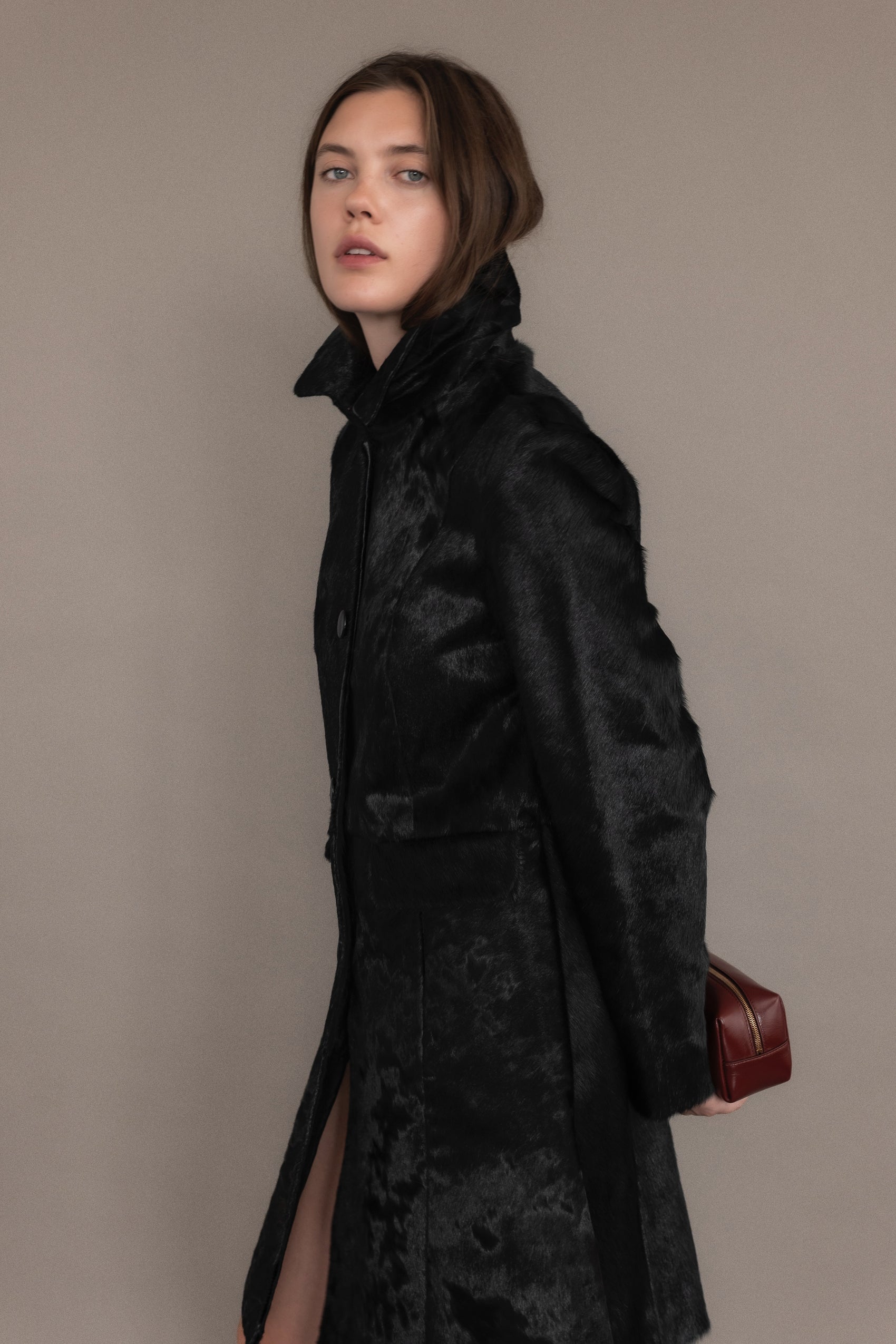 Black Ponyhair Peacoat With Croc-Embossed Buttons
