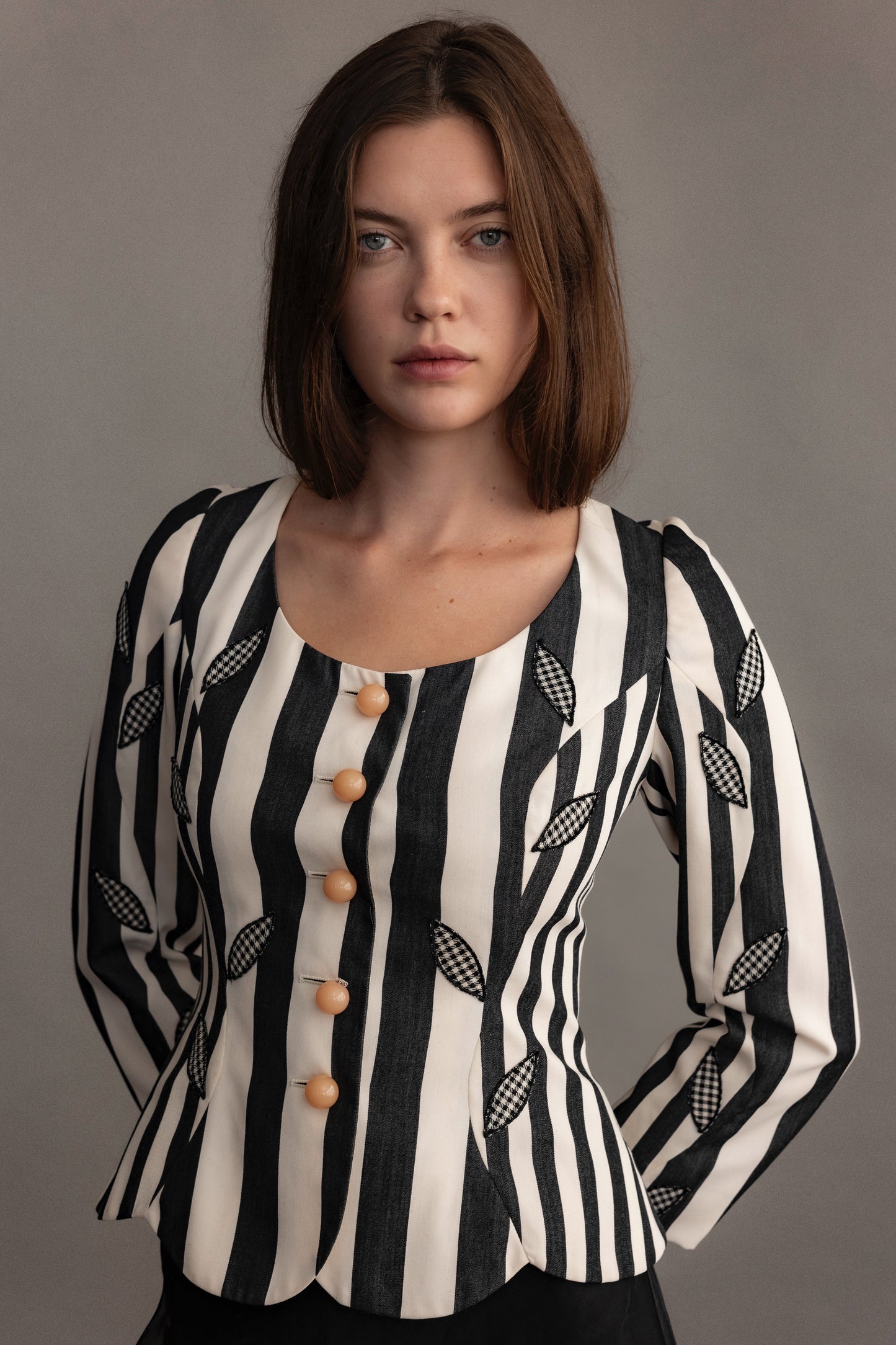 Moschino Striped Evening Jacket With Leaf Detail and Cream Enamel Buttons
