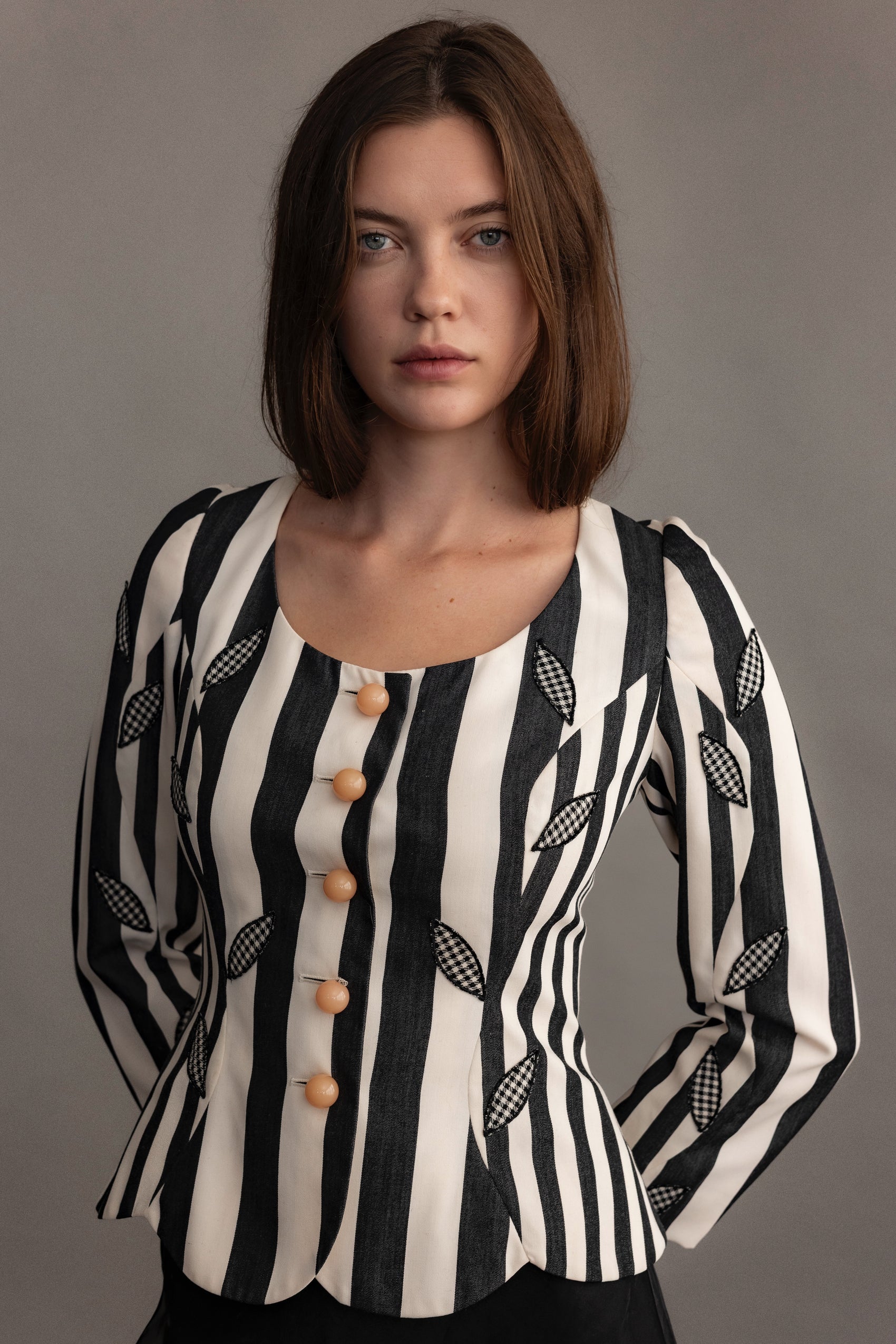 Moschino Striped Evening Jacket With Leaf Detail and Cream Enamel Buttons