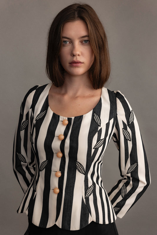 Moschino Striped Evening Jacket With Leaf Detail and Cream Enamel Buttons