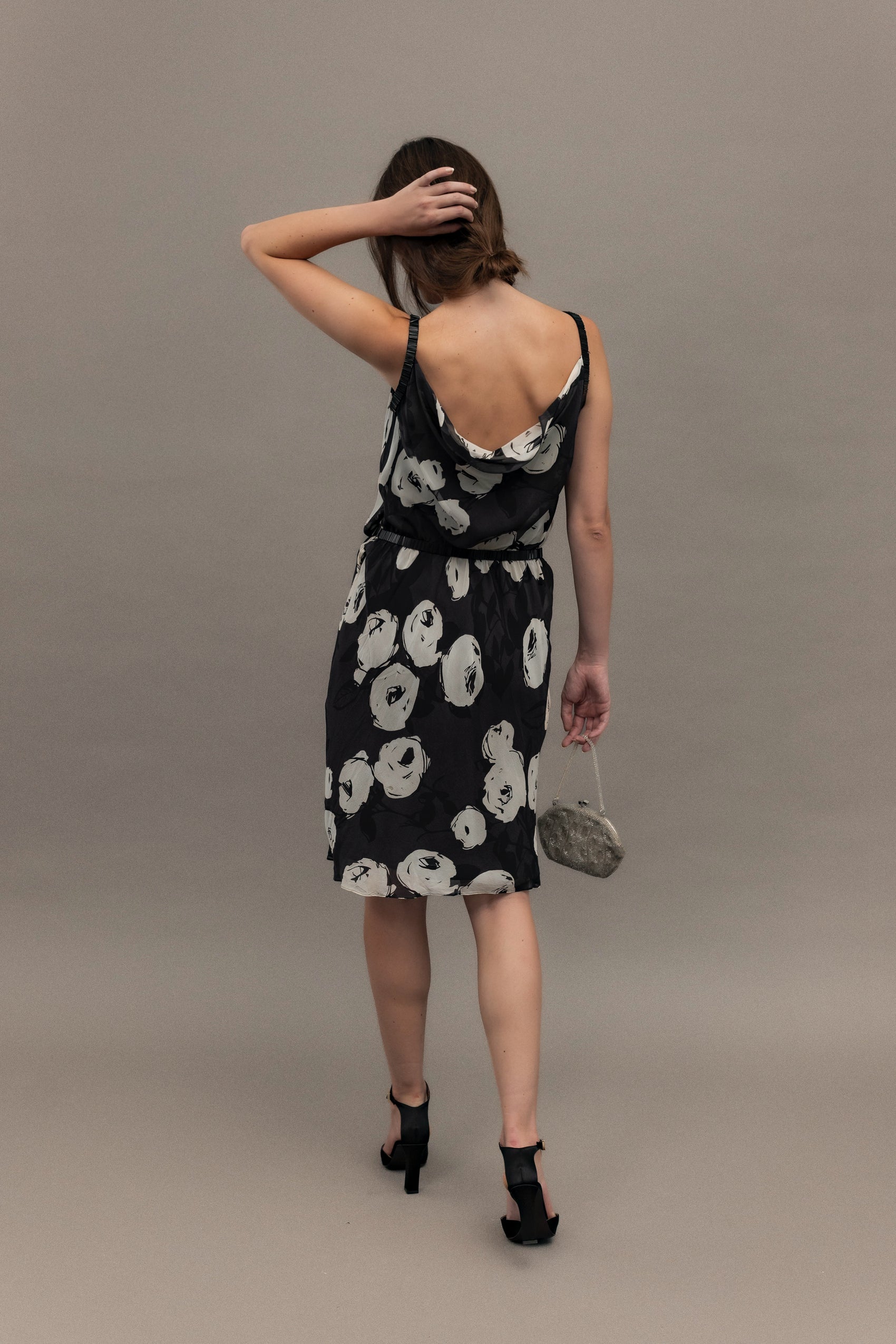 Black and White Floral Vintage Moschino Print Midi Dress