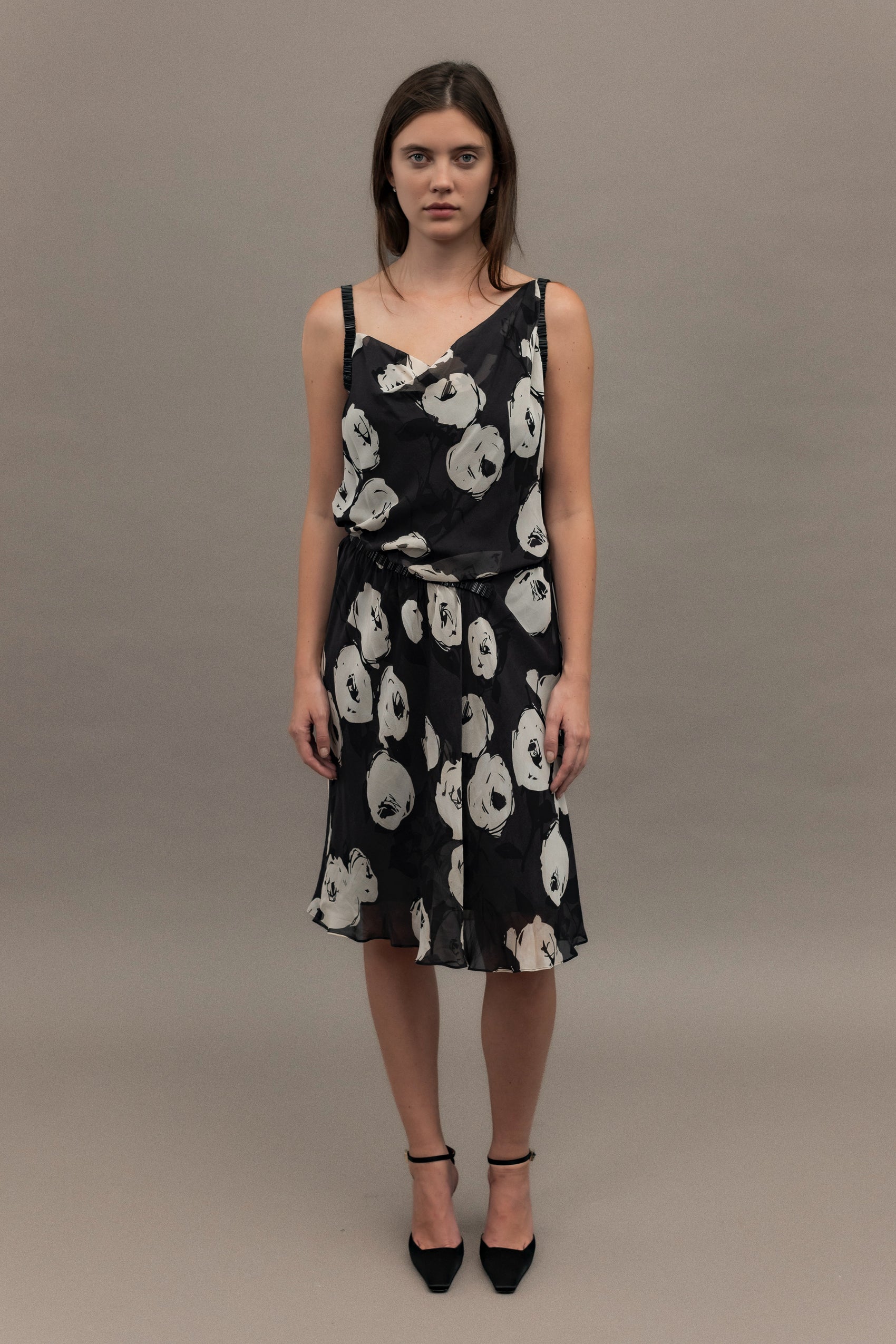 Black and White Floral Vintage Moschino Print Midi Dress