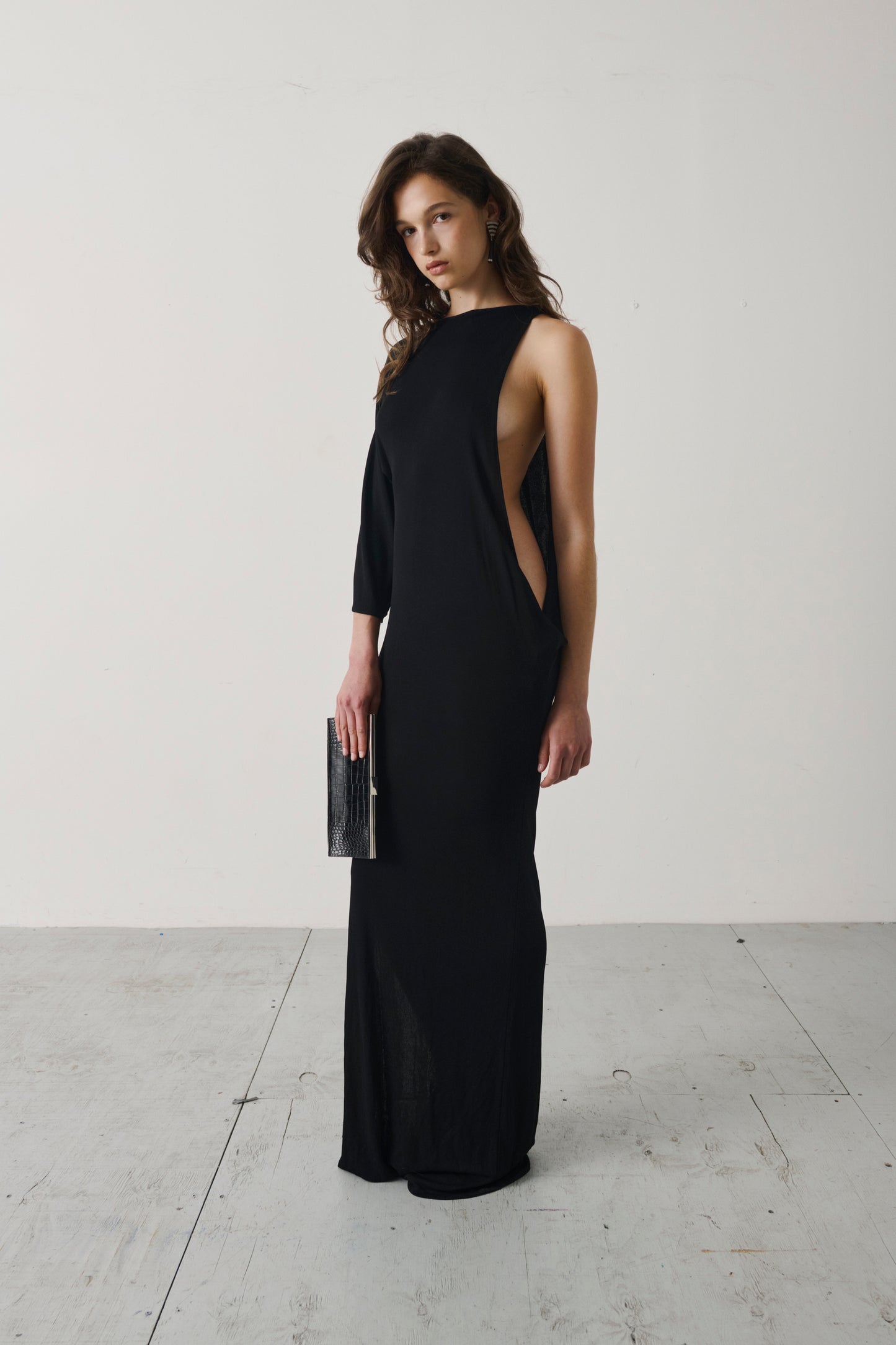 Late 1990s Gianni Versace Black Asymmetric Draped Evening Gown