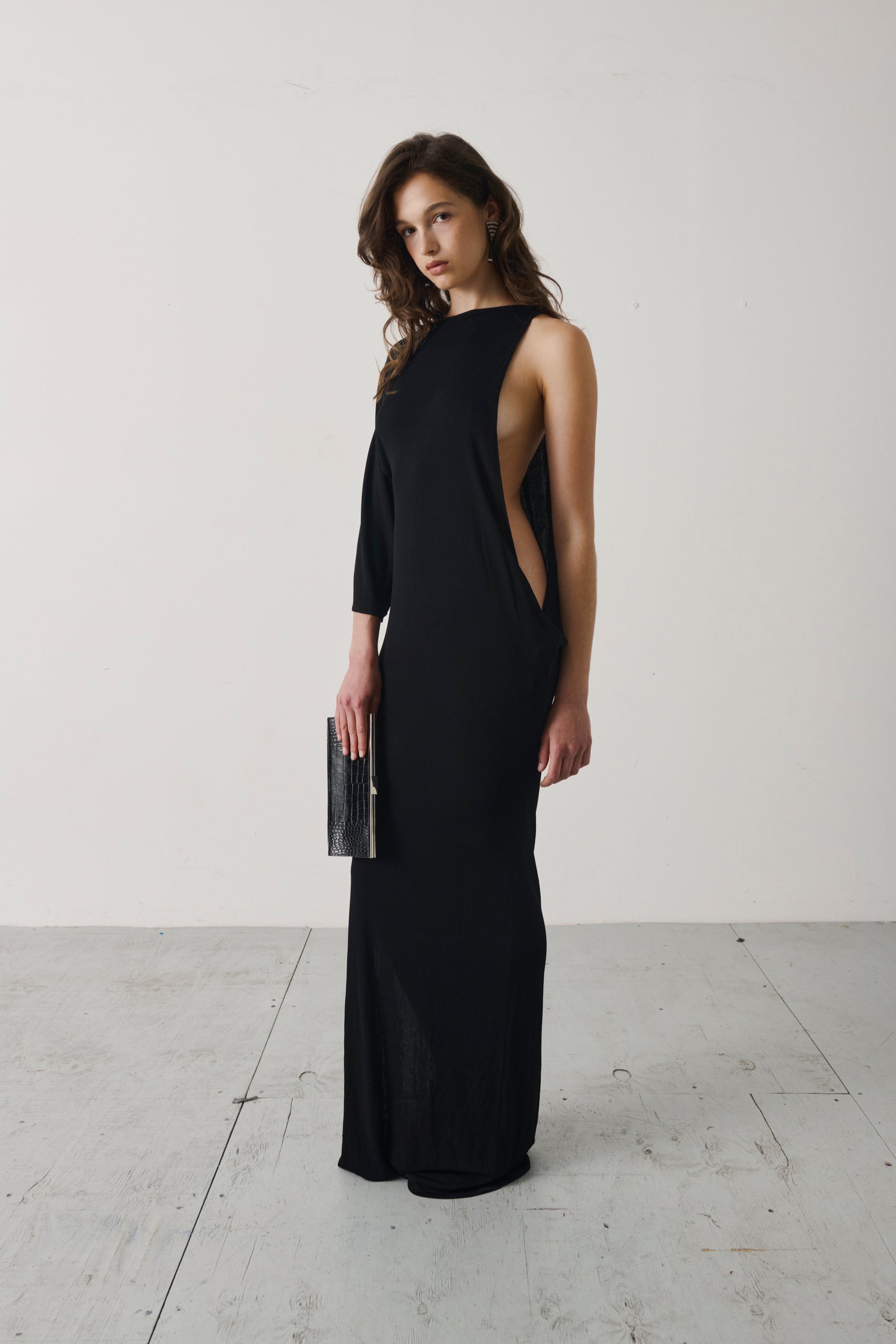 Late 1990s Gianni Versace Black Asymmetric Draped Evening Gown
